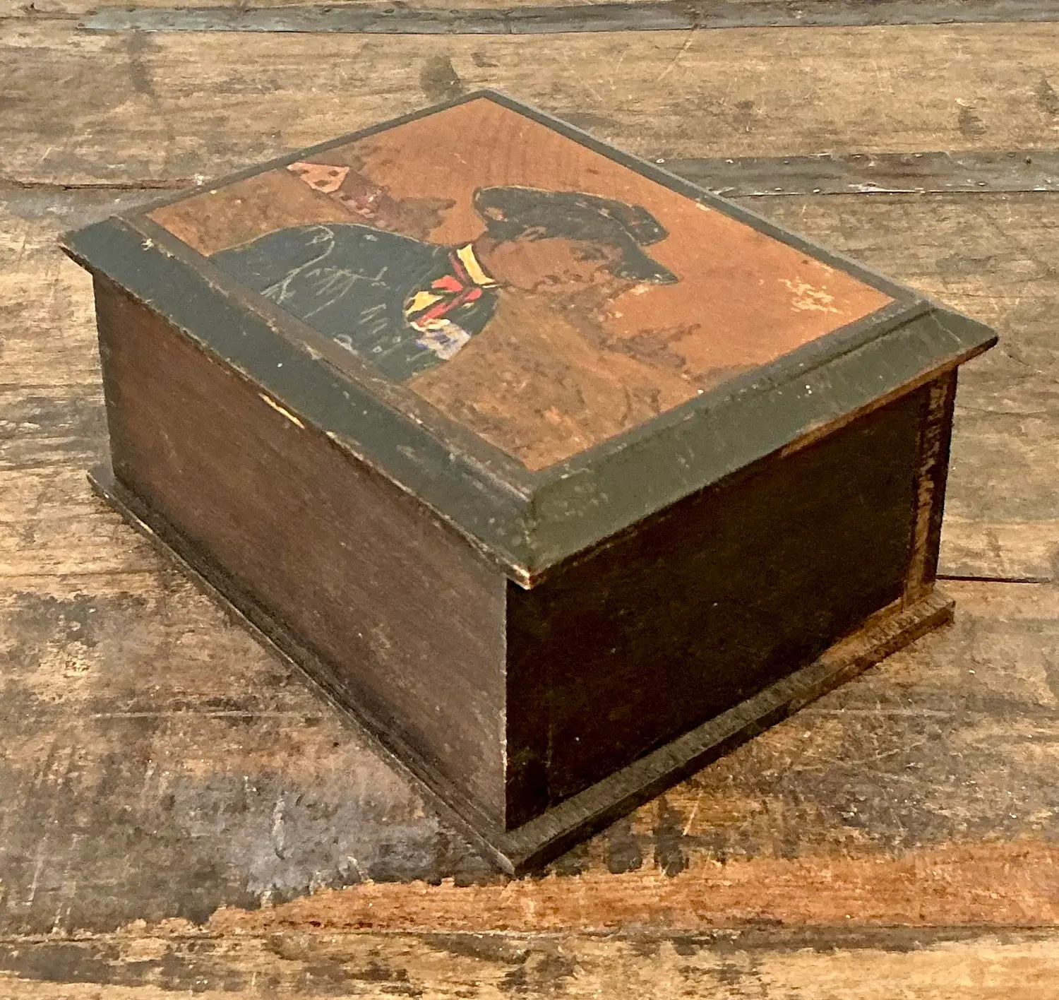 Vintage Hand Painted Cowboy Box - Side view