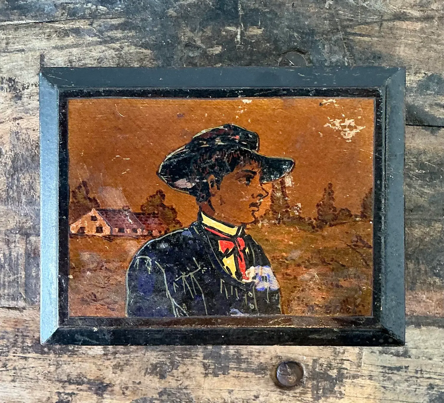 Vintage Hand Painted Cowboy Box - Back view