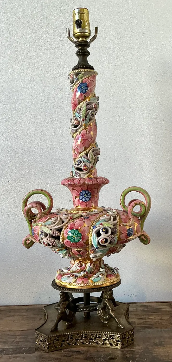 Vintage Hand Painted Glazed Ceramic Lamp - Detail view