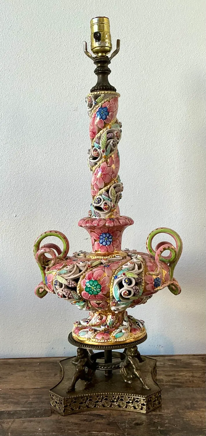 Vintage Hand Painted Glazed Ceramic Lamp - Side view