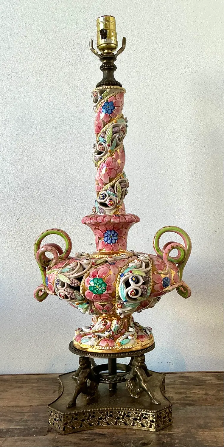 Vintage Hand Painted Glazed Ceramic Lamp - Top view