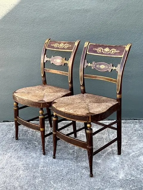 Vintage Hand Painted Hitchcock Rush Seat Chairs - Set of 2 - Side view
