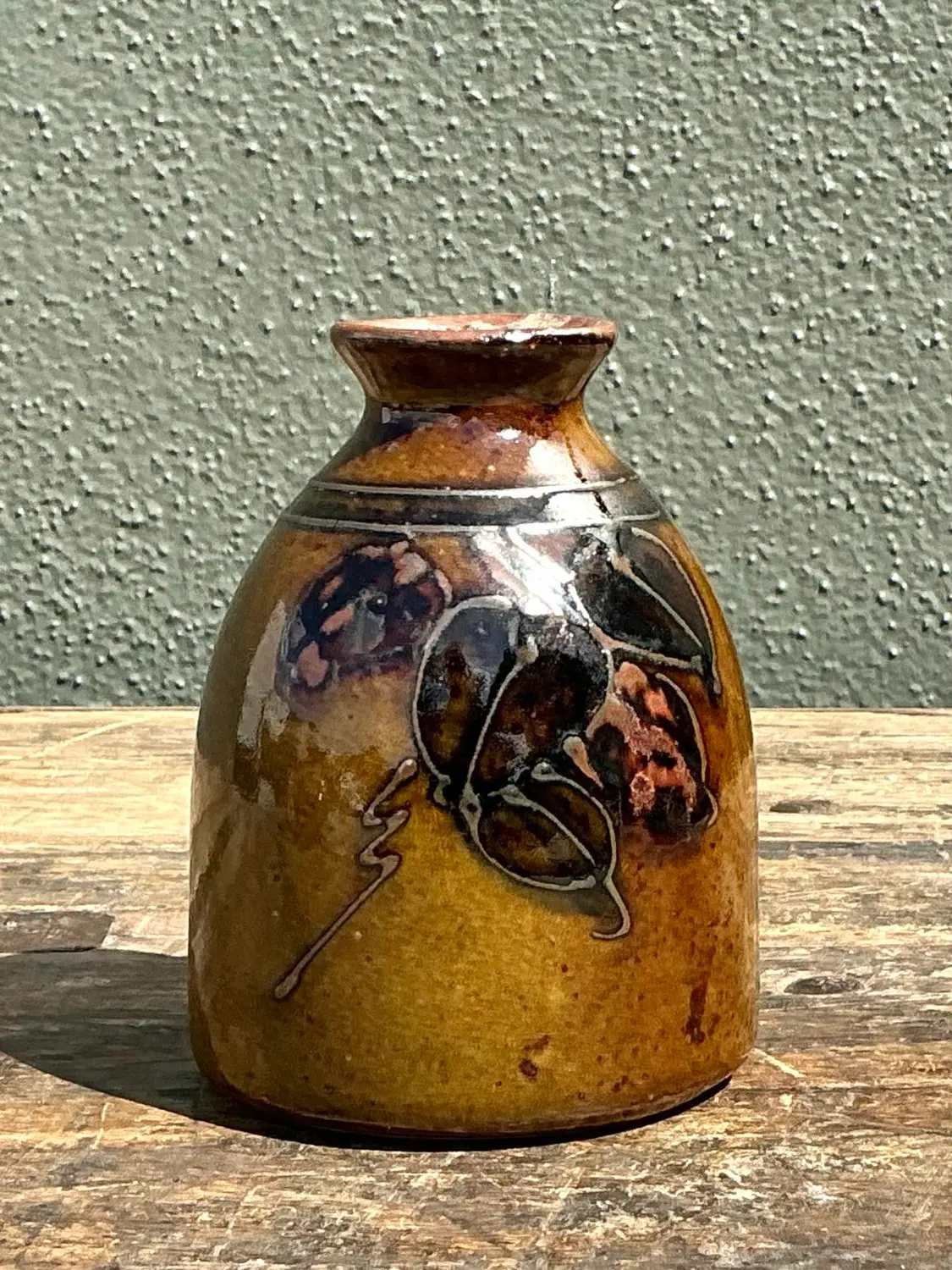 Vintage Hand Painted Leaves Studio Pottery Vase - Back view