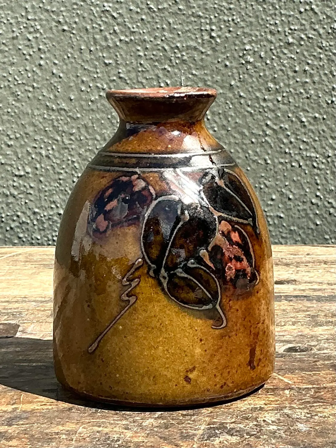 Vintage Hand Painted Leaves Studio Pottery Vase - Detail view