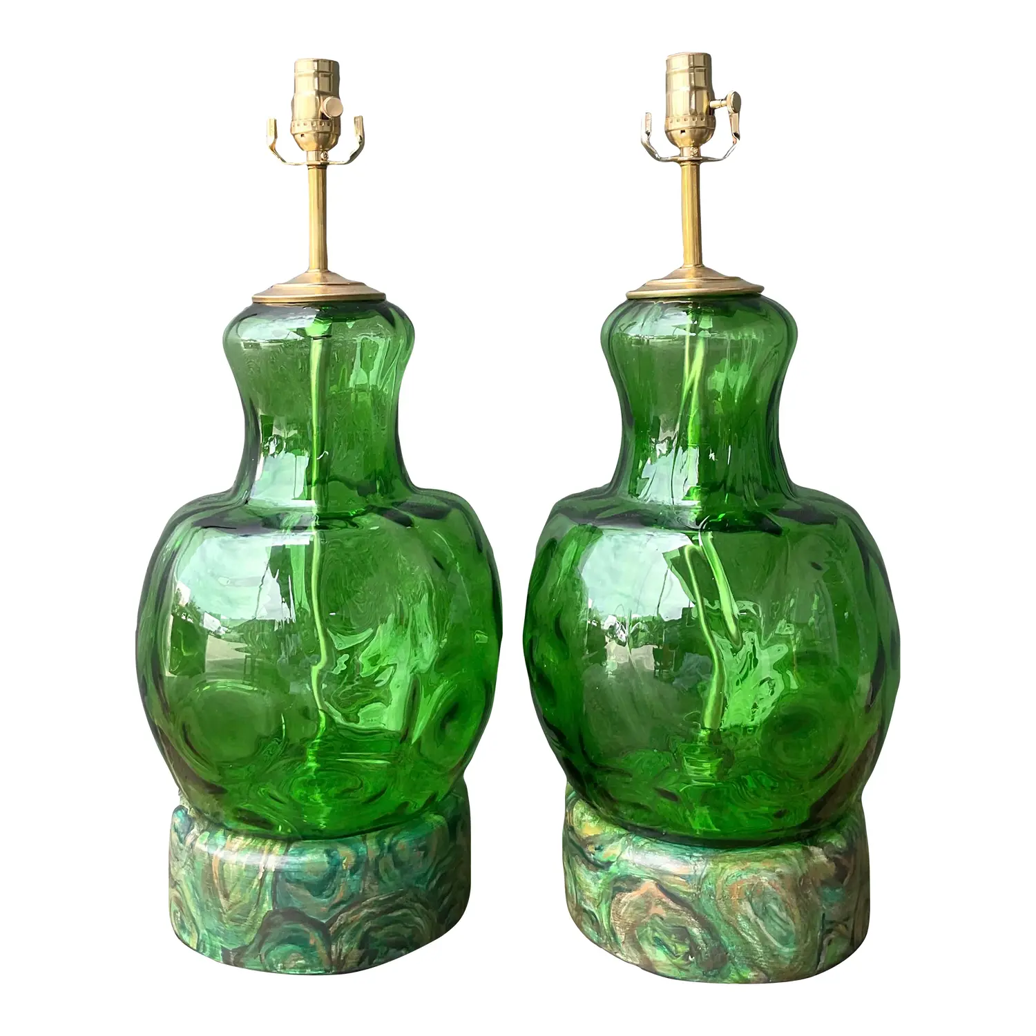 Vintage Hand Painted Malachite Plinth Glass Lamps - A Pair