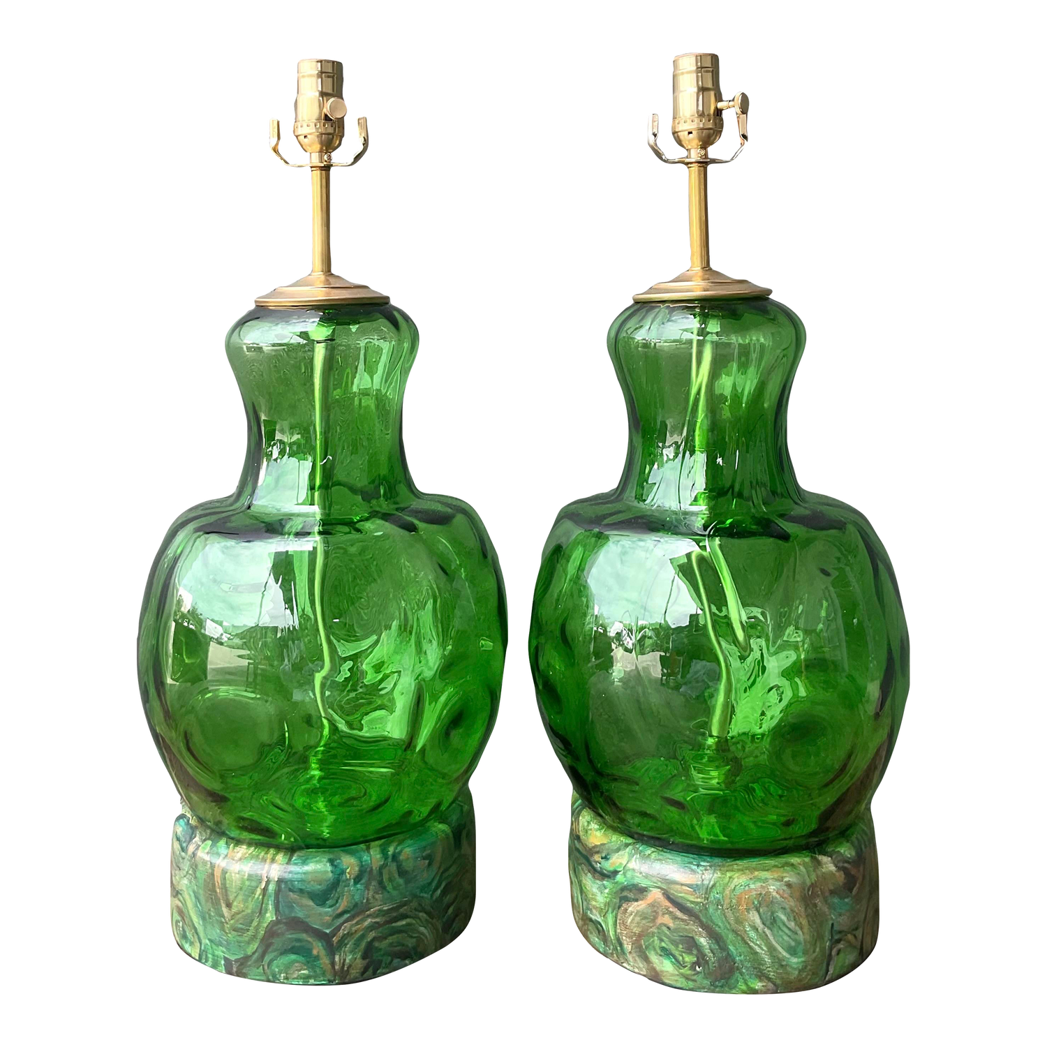 Vintage Hand Painted Malachite Plinth Glass Lamps - A Pair - Detail view