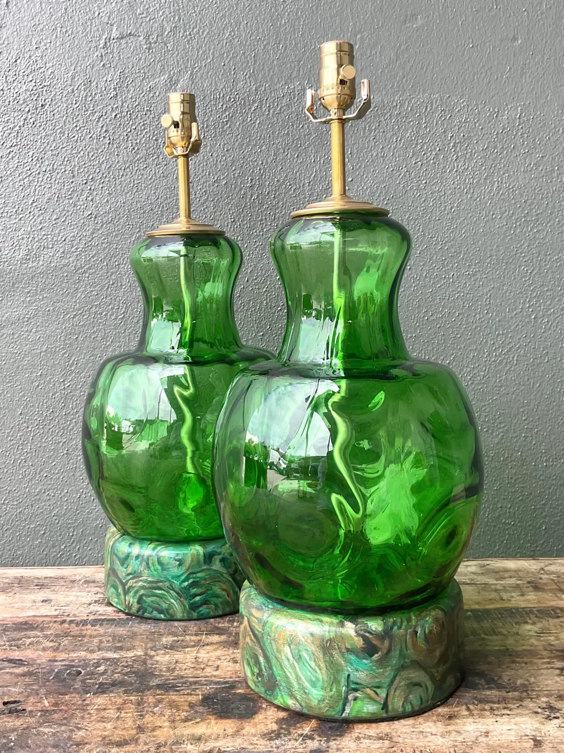 Vintage Hand Painted Malachite Plinth Glass Lamps - A Pair - Side view