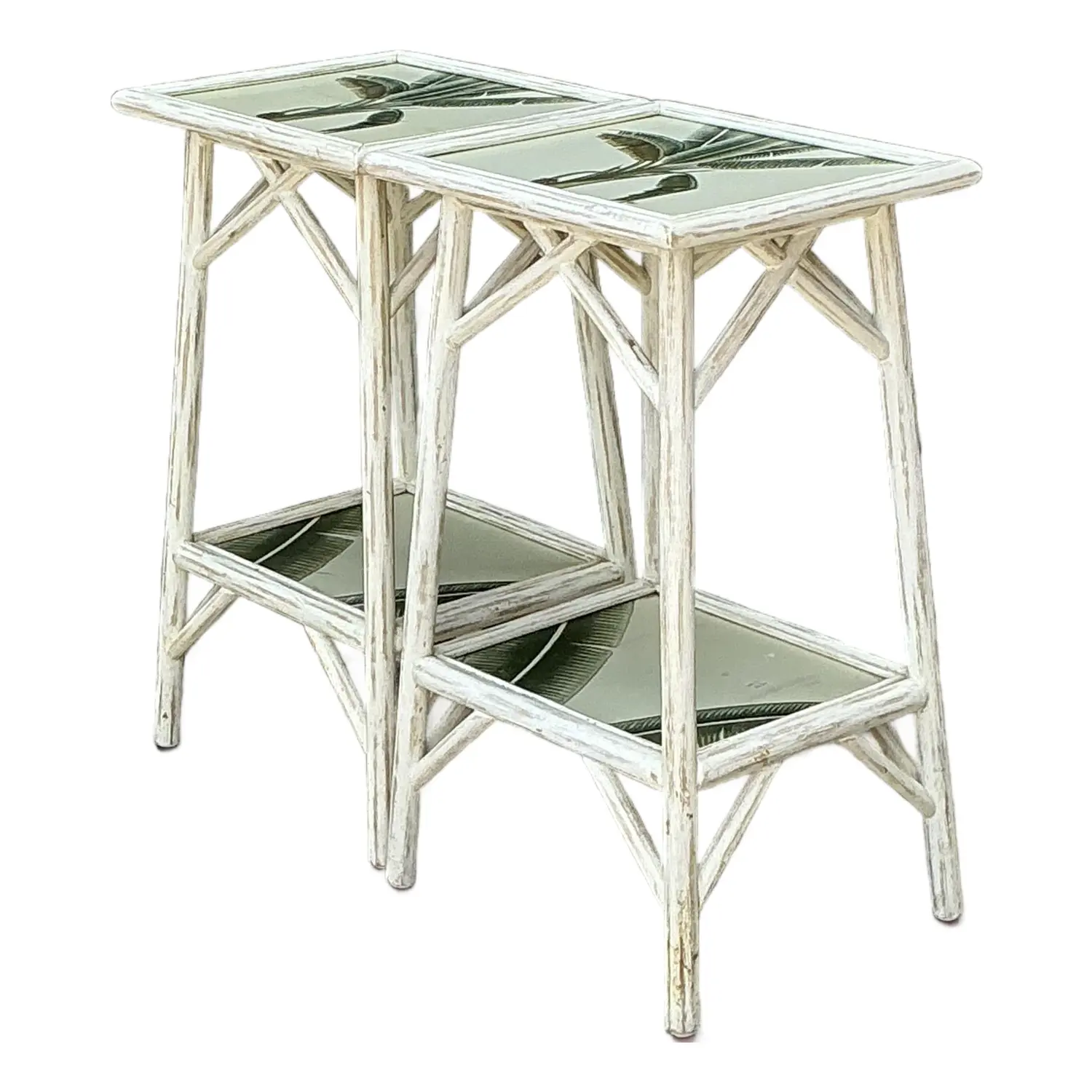 Vintage Hand Painted Palm Side Tables - A Pair