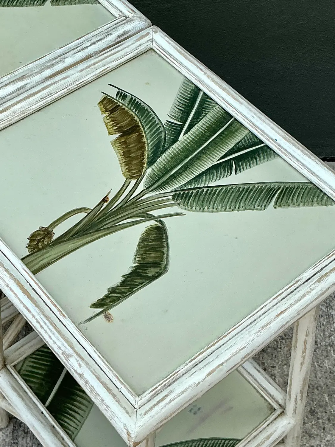 Vintage Hand Painted Palm Side Tables - A Pair - Top view