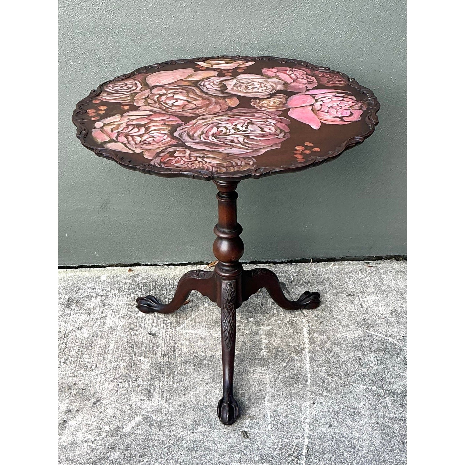 Vintage Hand Painted Pie Crust Side Table - Detail view