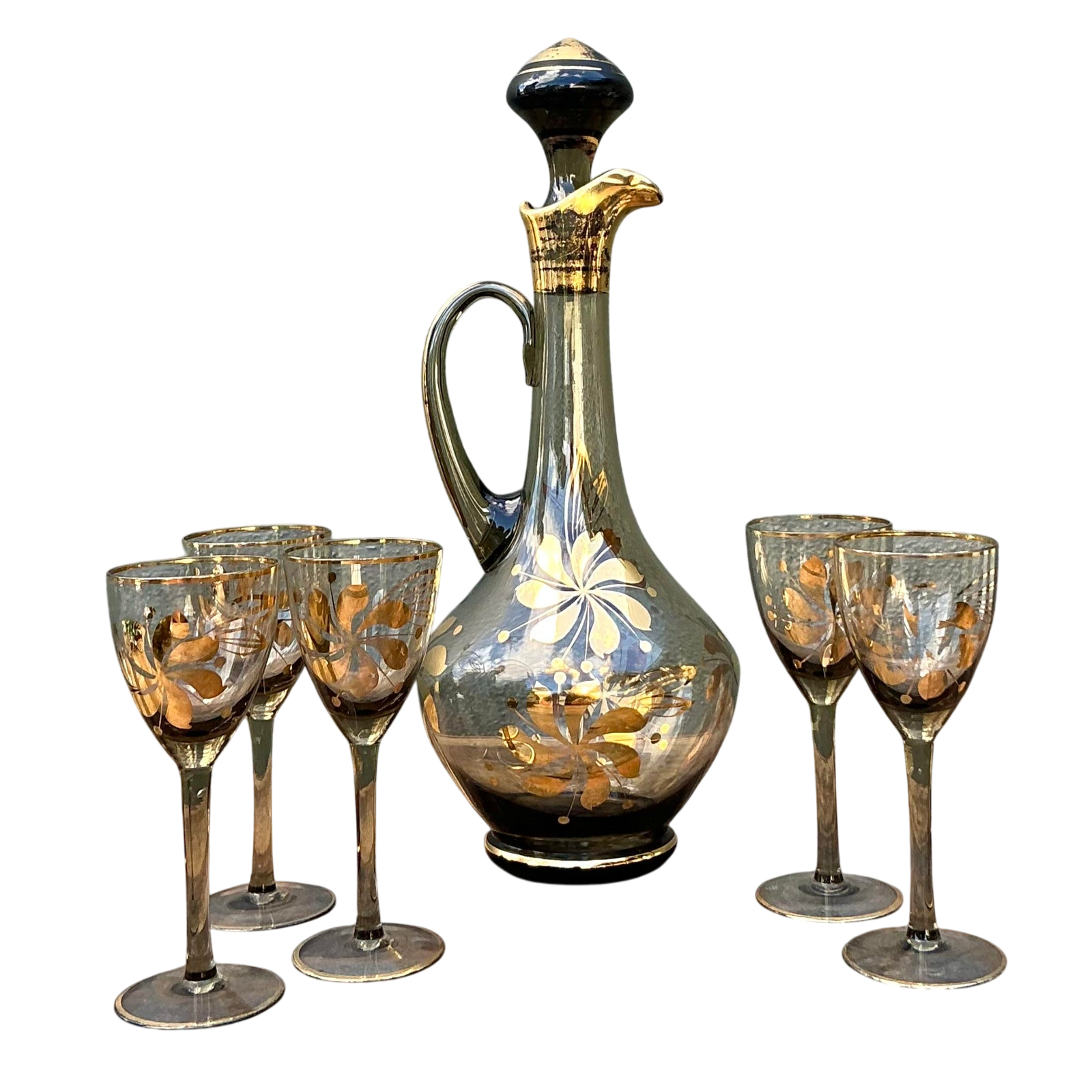 Vintage Hungarian Gilt Floral Decanter Set of 6