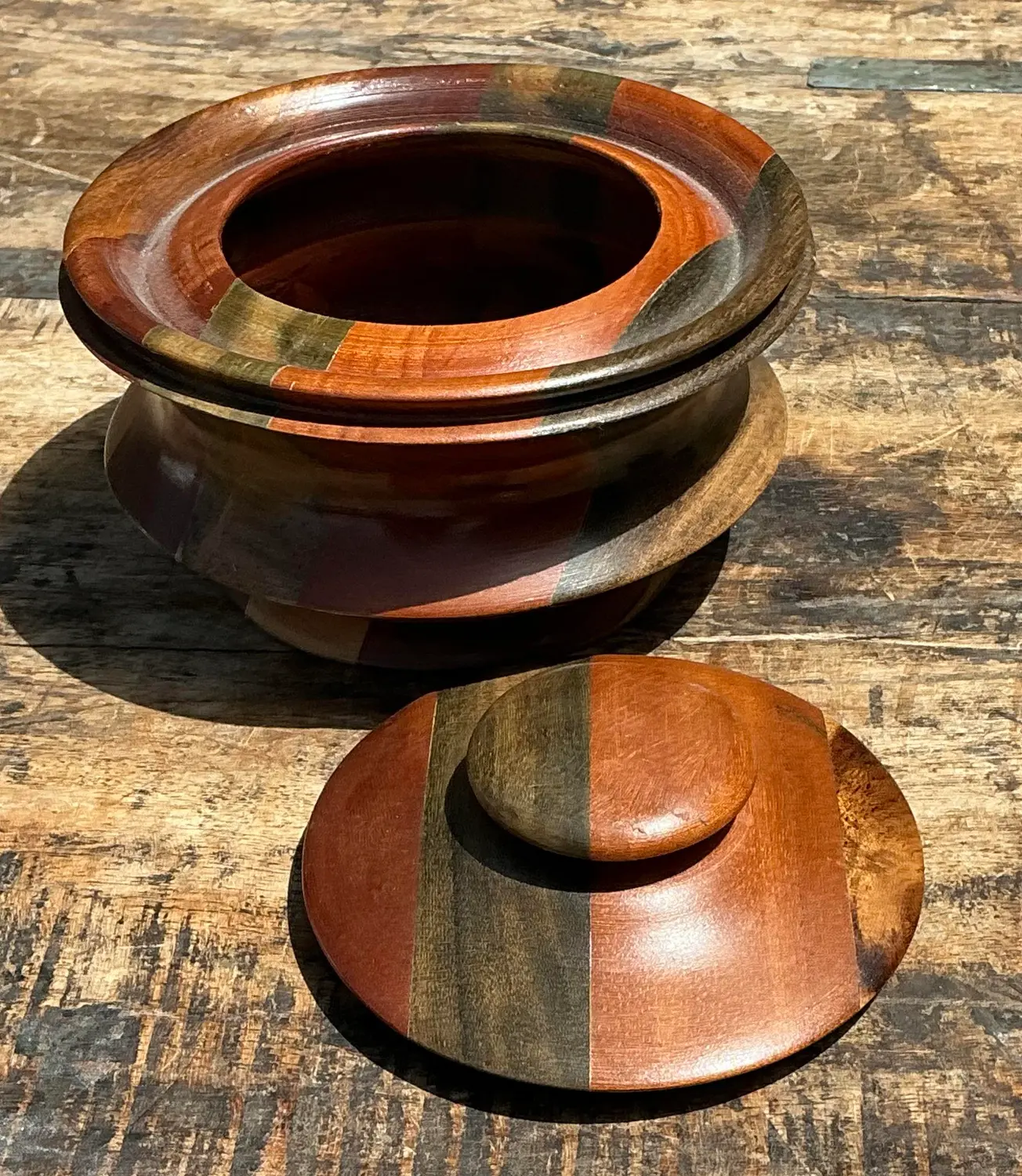 Vintage Inlay Wood Round Lidded Box - Top view