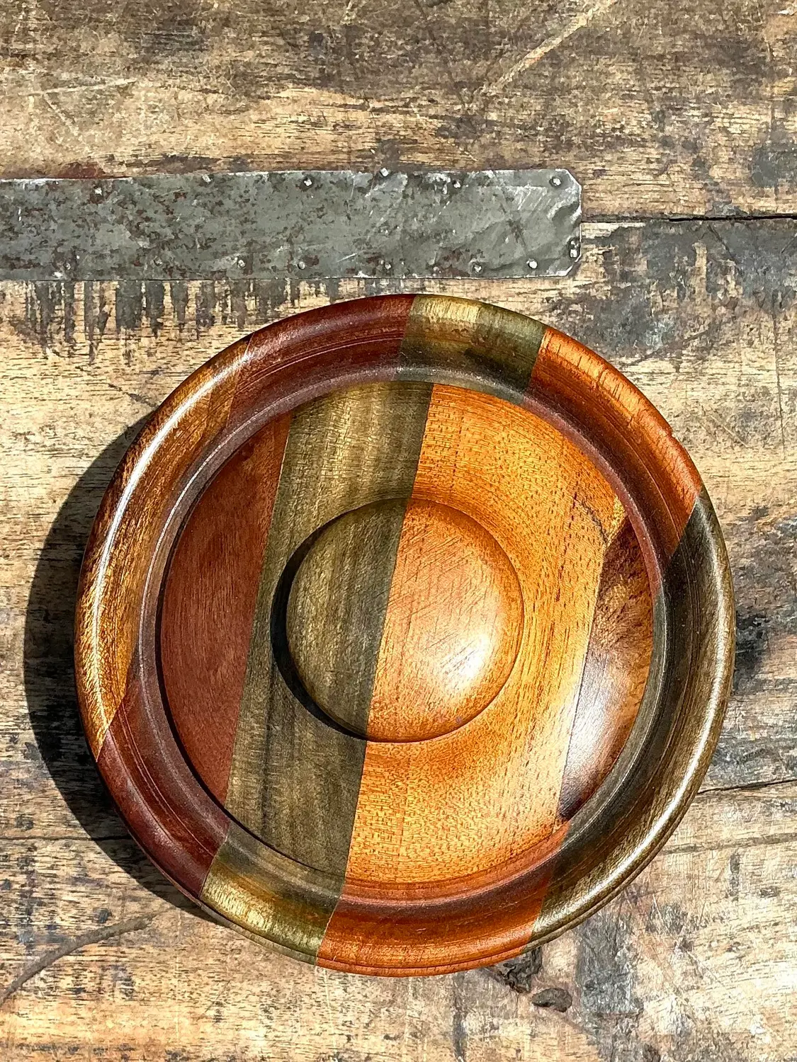 Vintage Inlay Wood Round Lidded Box - Back view