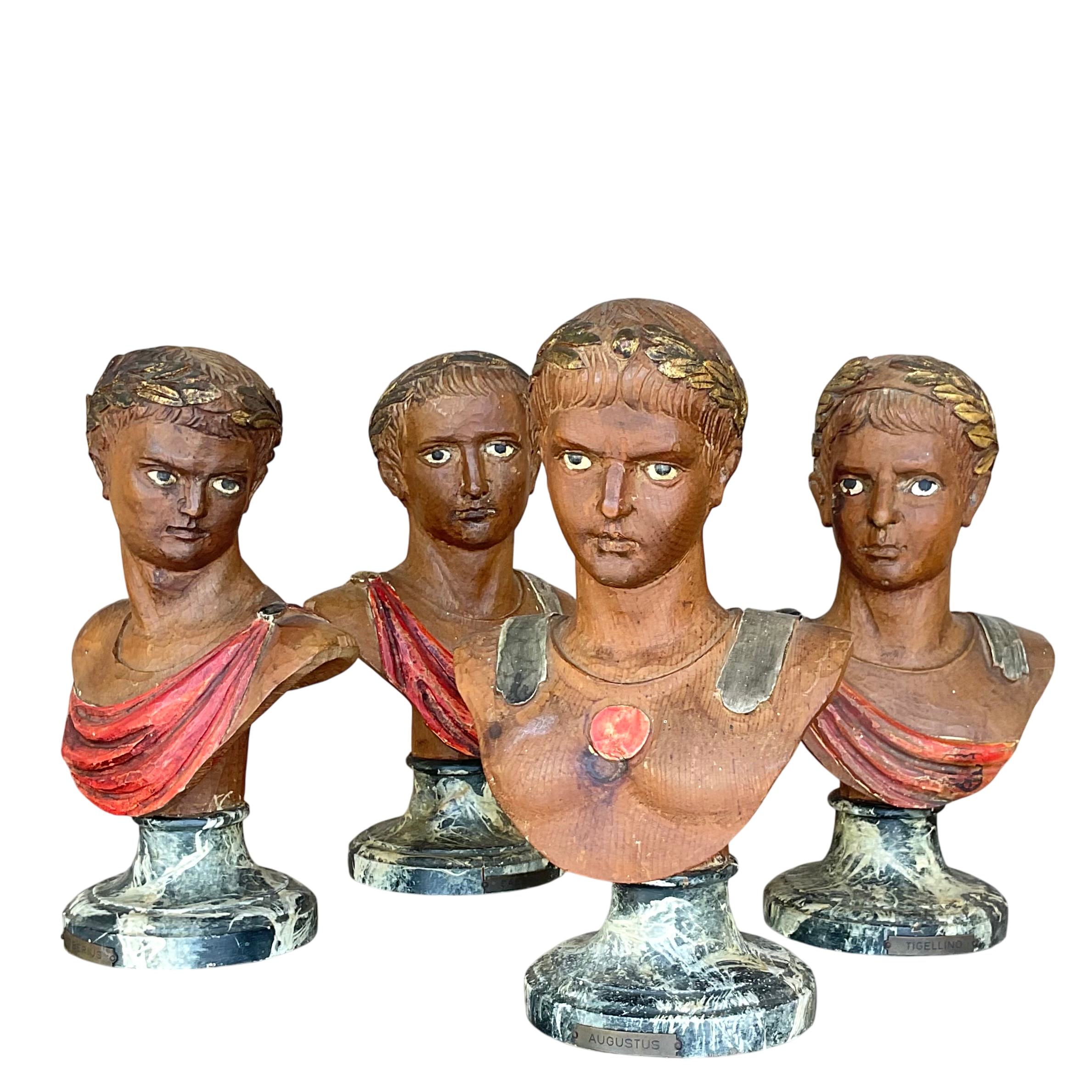 Vintage Italian 19th C. Painted Wood Carved Emperor Busts- Set of 4 - Detail view