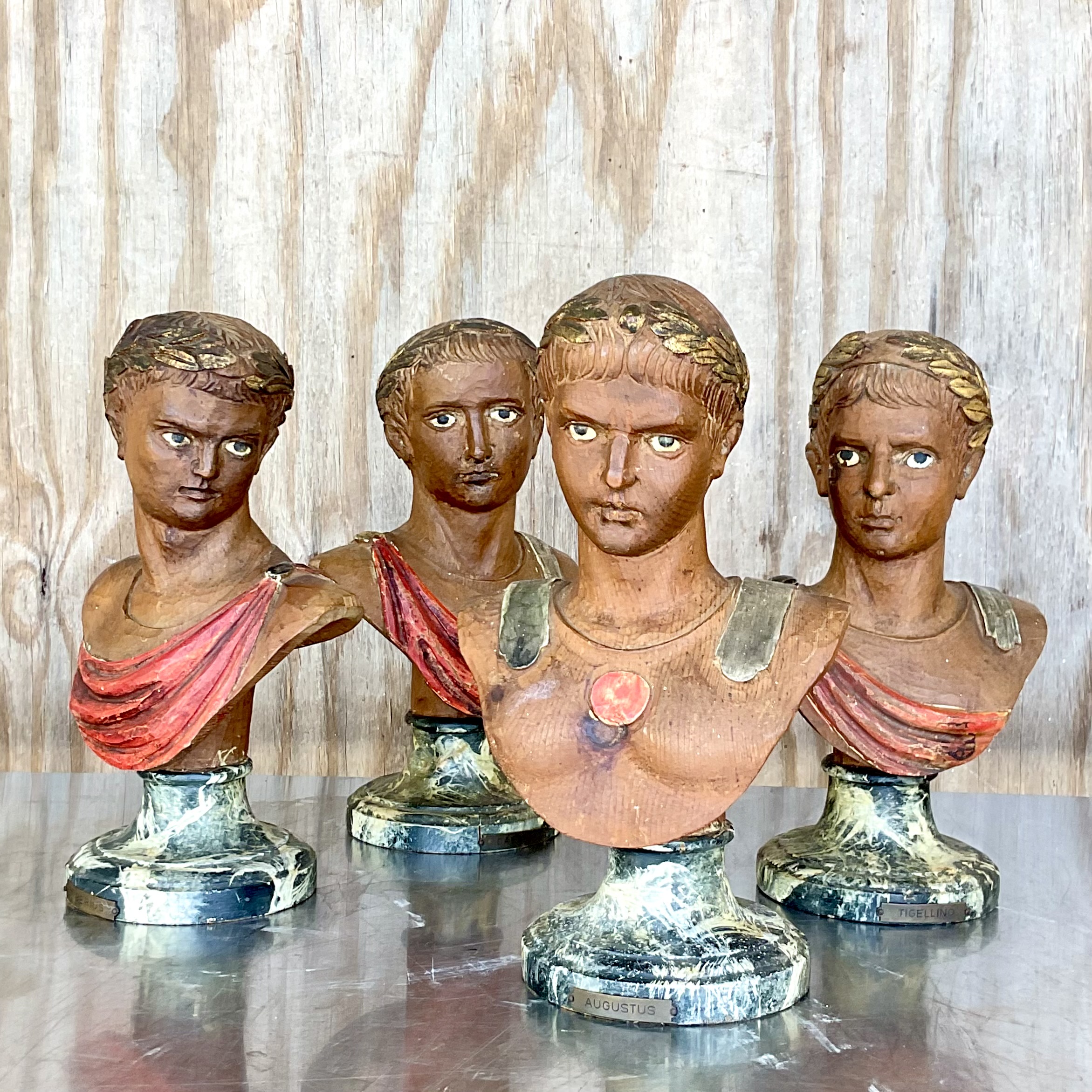 Vintage Italian 19th C. Painted Wood Carved Emperor Busts- Set of 4 - Top view