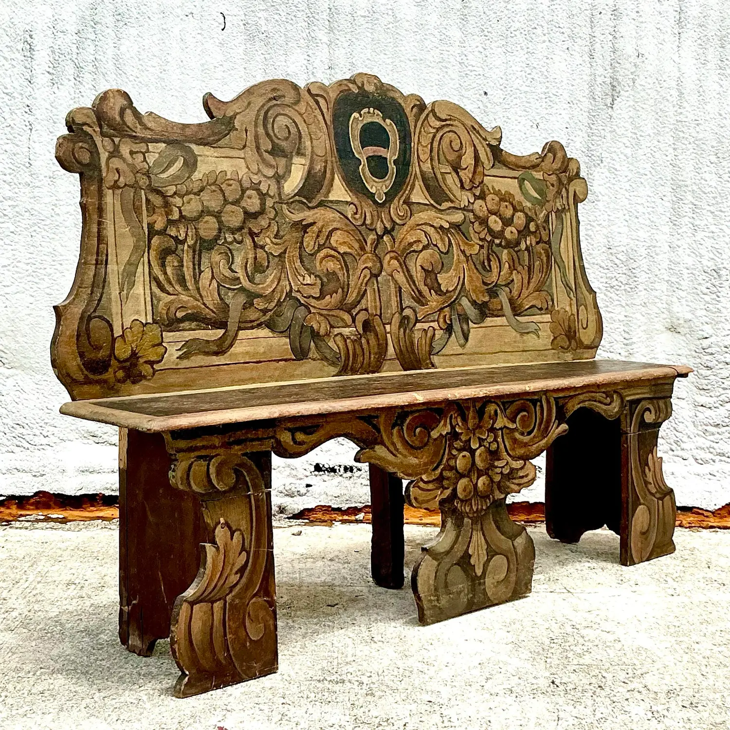 Vintage Italian 19th Century Hand Painted Cassapanca Bench - Back view