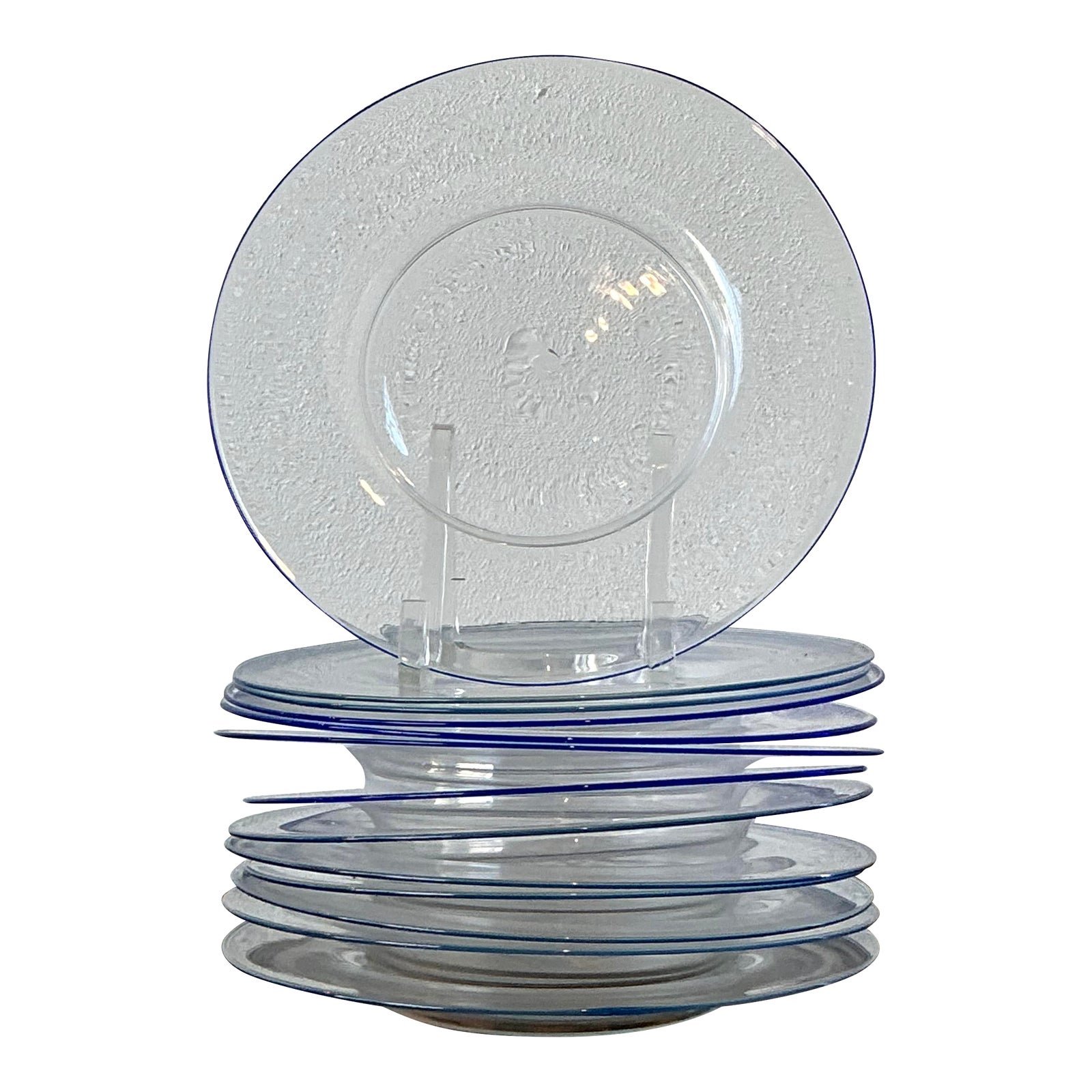 Vintage Italian Carloe Scarpa for Murano Blue Tipped Glass Plates - Set of 12