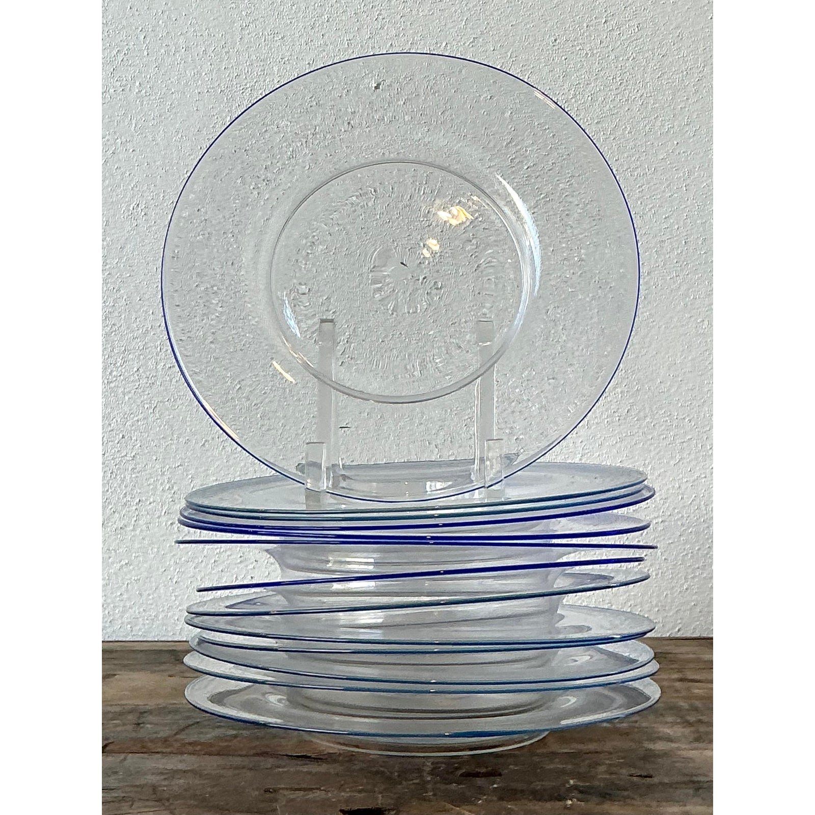 Vintage Italian Carloe Scarpa for Murano Blue Tipped Glass Plates - Set of 12 - Detail view