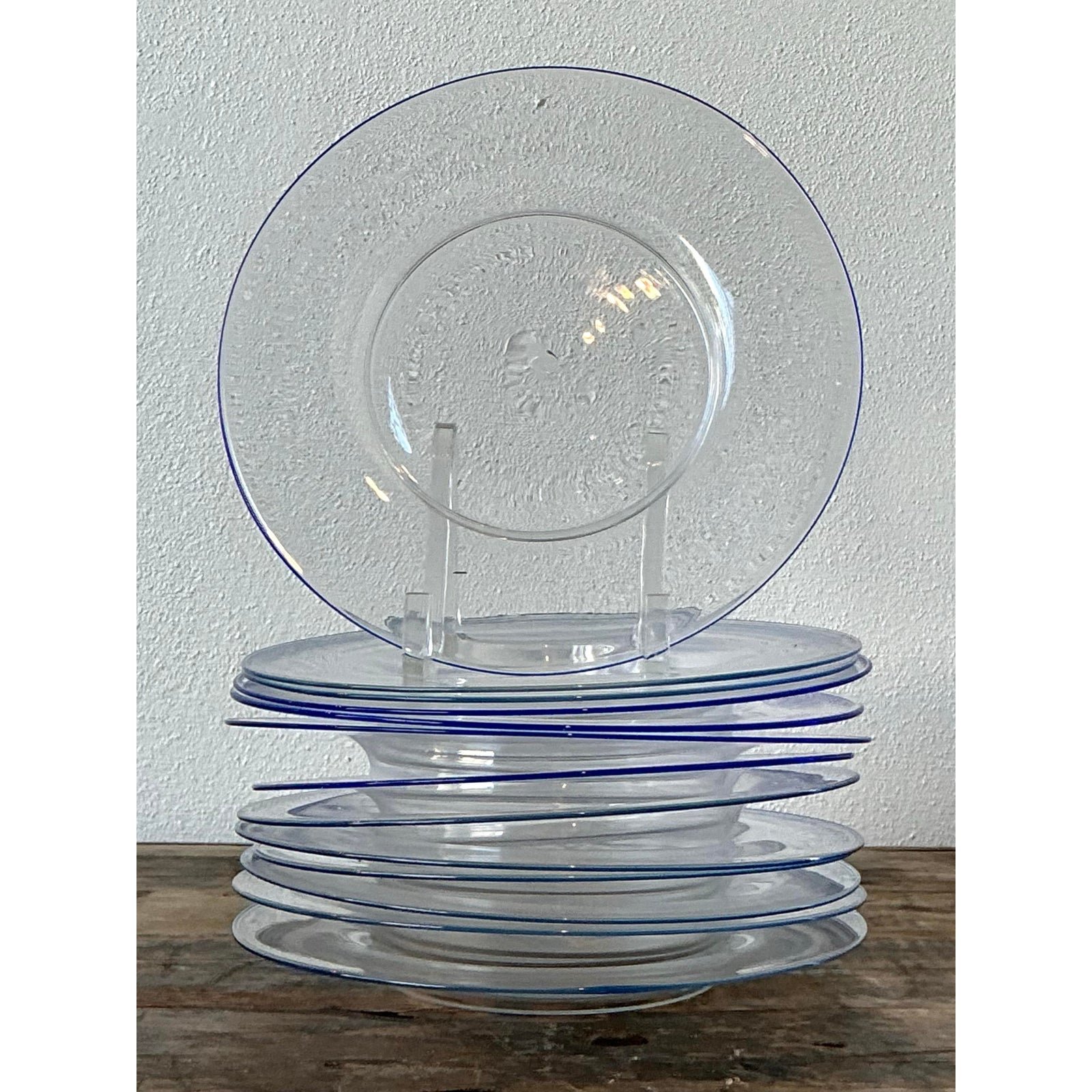 Vintage Italian Carloe Scarpa for Murano Blue Tipped Glass Plates - Set of 12 - Top view