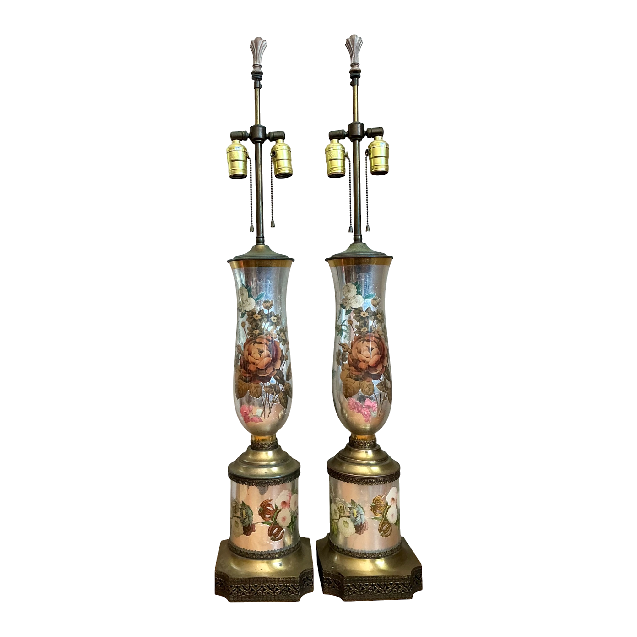 Vintage Italian Eglomise Rose Lamps - A Pair