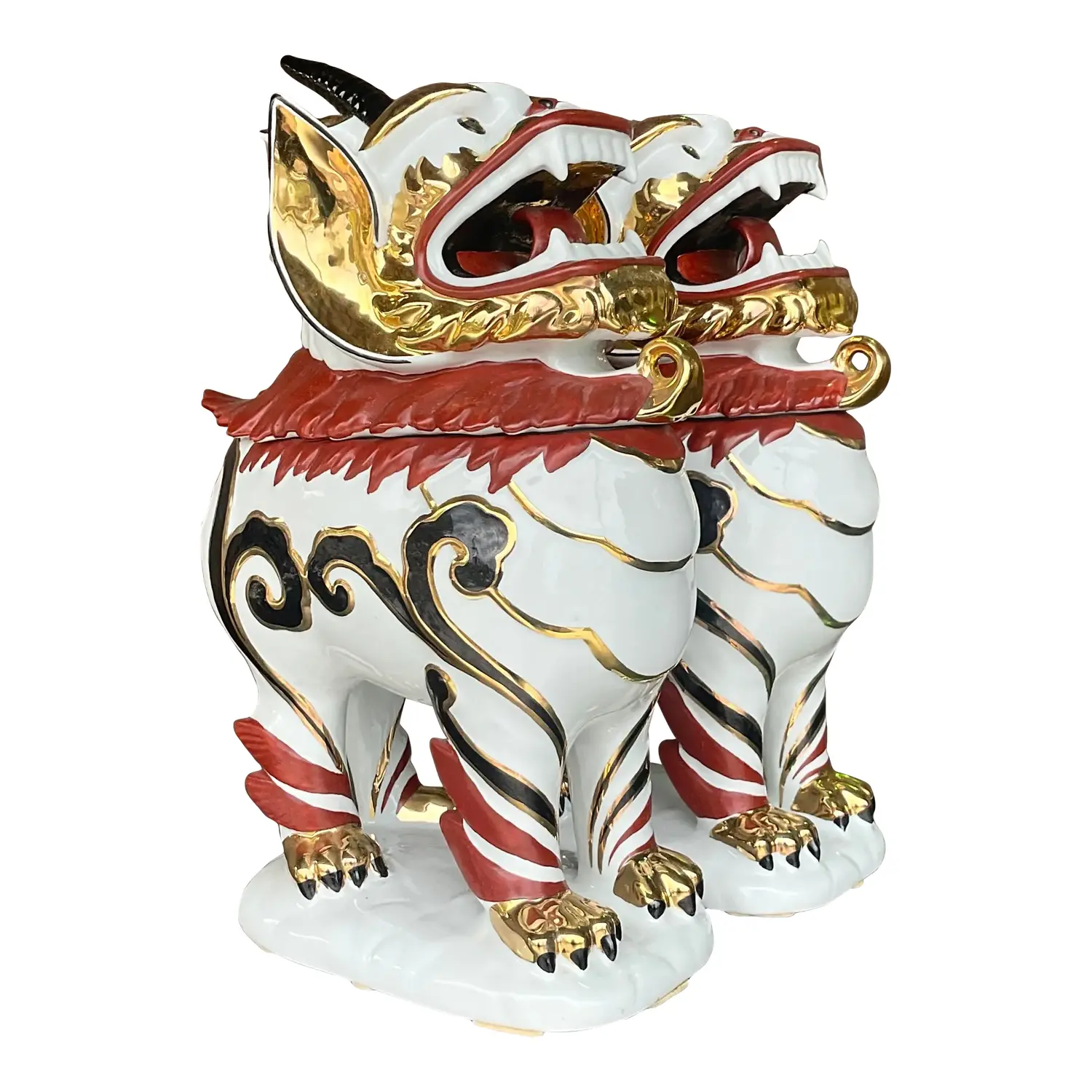 Vintage Italian Gilt Tipped Lidded Porcelain Foo Dogs - a Pair