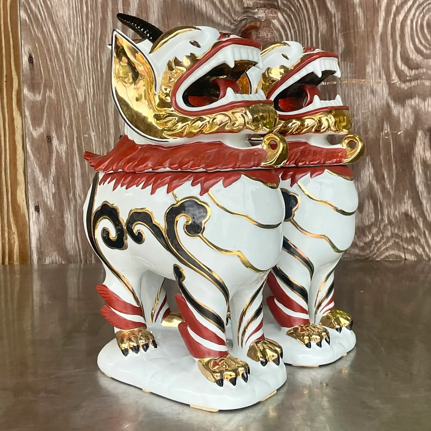 Vintage Italian Gilt Tipped Lidded Porcelain Foo Dogs - a Pair - Side view