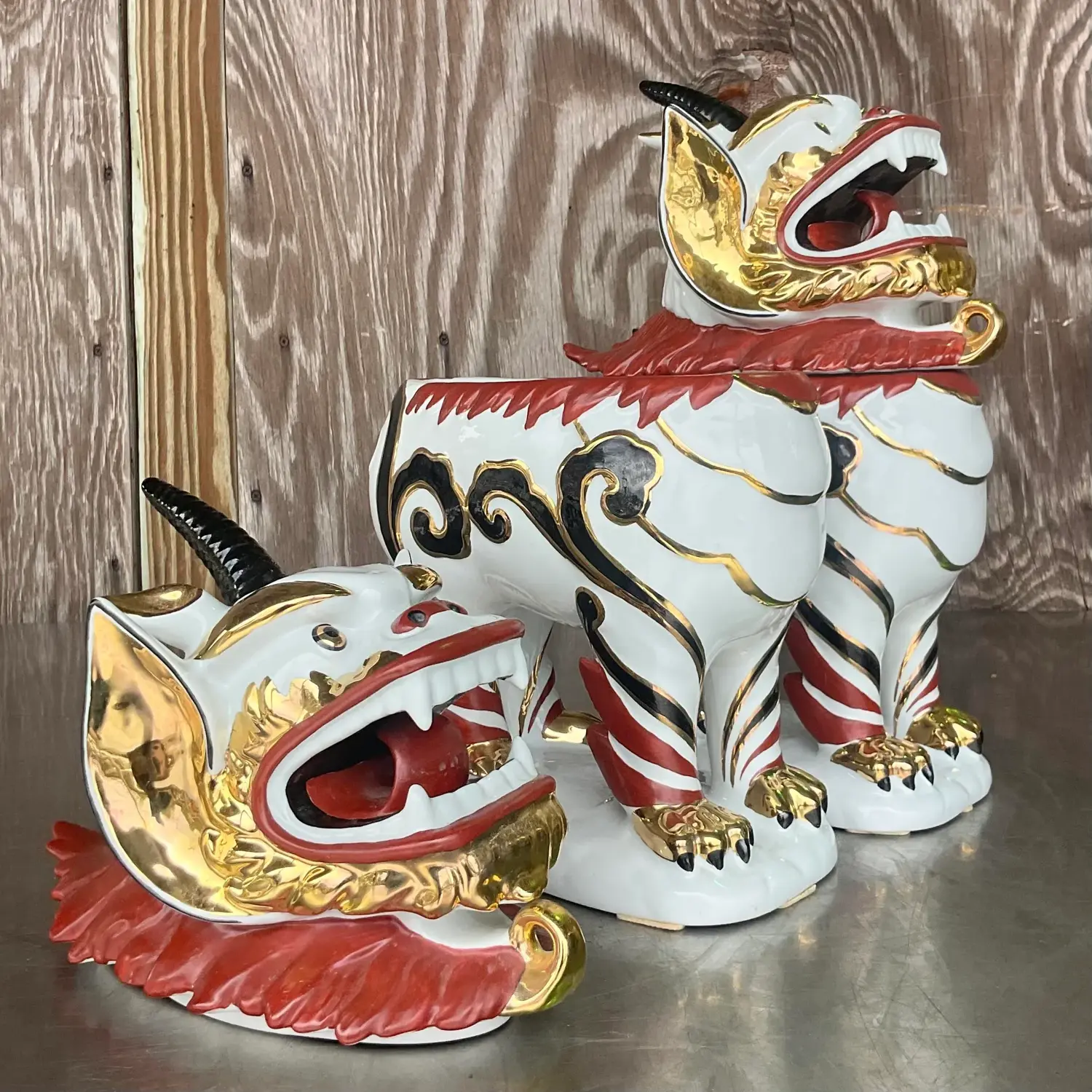 Vintage Italian Gilt Tipped Lidded Porcelain Foo Dogs - a Pair - Back view