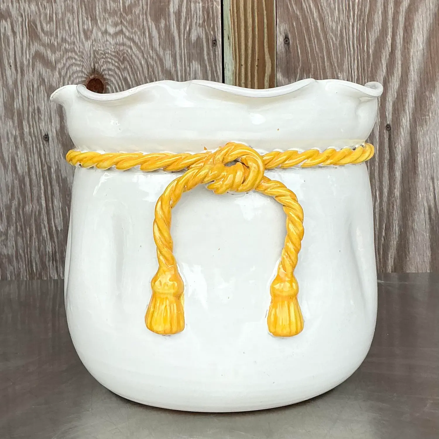 Vintage Italian Glazed Ceramic Rope Cachepot - Side view