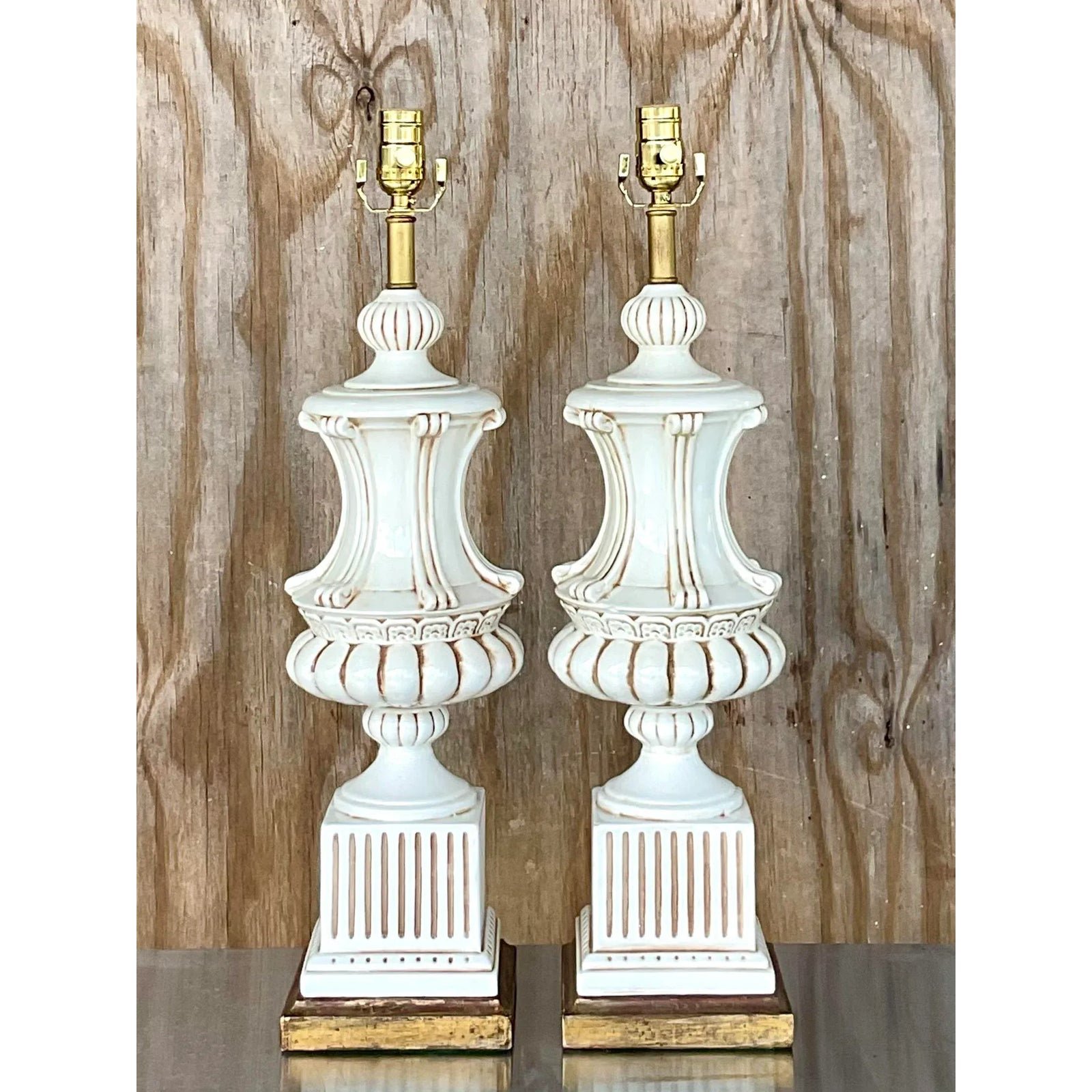 Vintage Italian Glazed Ceramic Urn Lamps - a Pair - Detail view
