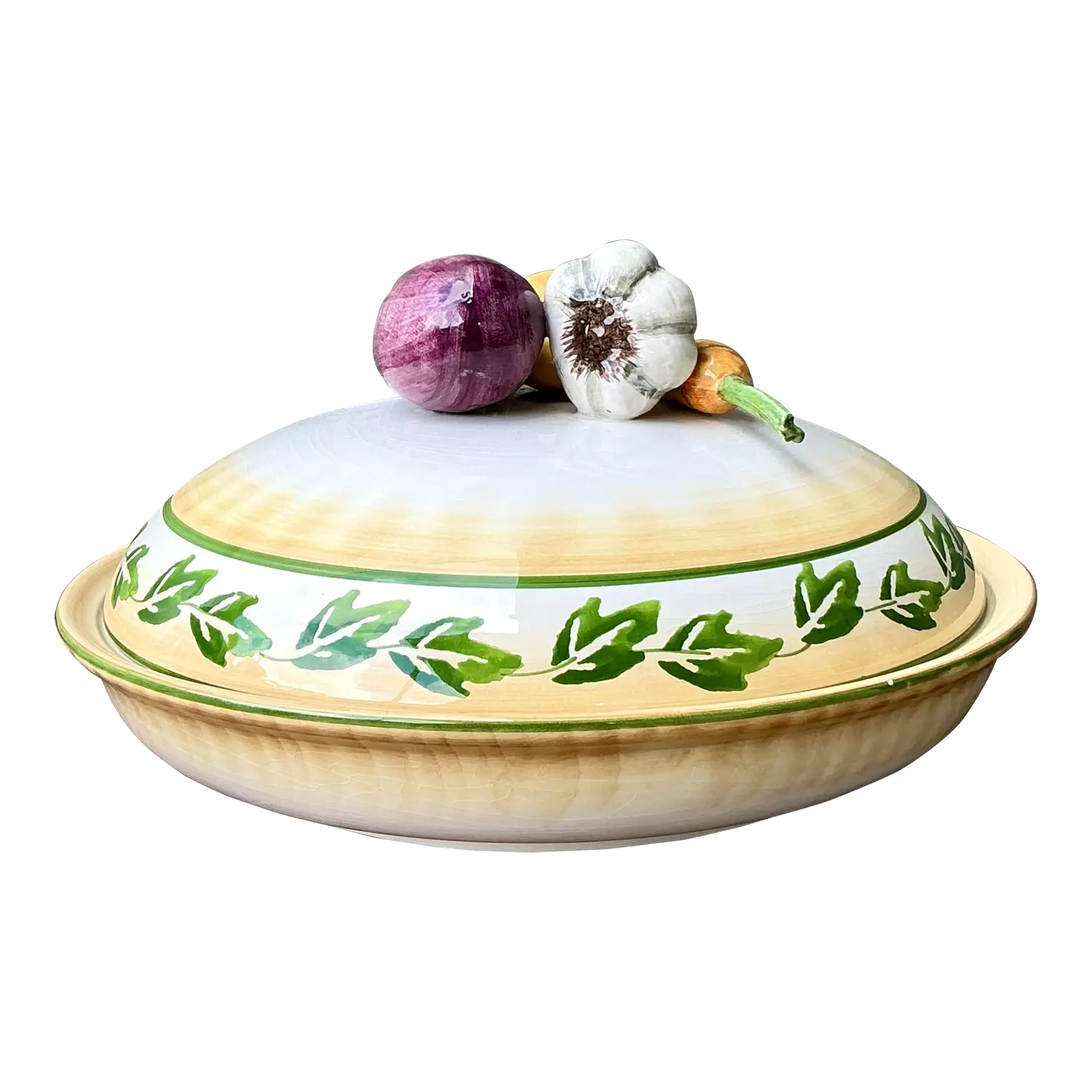 Vintage Italian Glazed Ceramic Vegetable Lidded Bowl - Detail view
