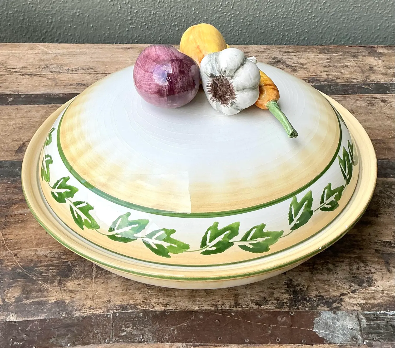 Vintage Italian Glazed Ceramic Vegetable Lidded Bowl - Top view