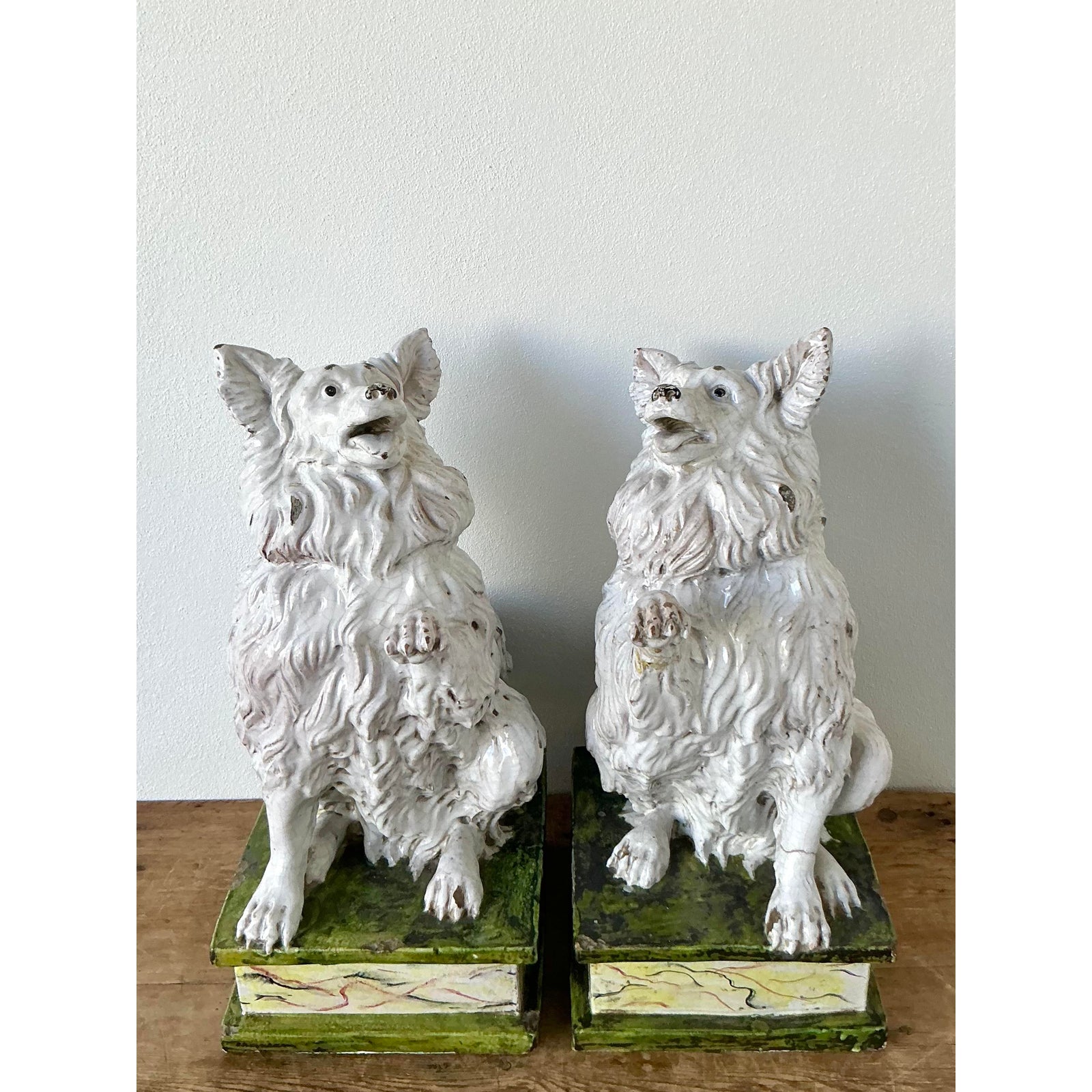 Vintage Italian Glazed Terracotta Dogs - A Pair - Detail view