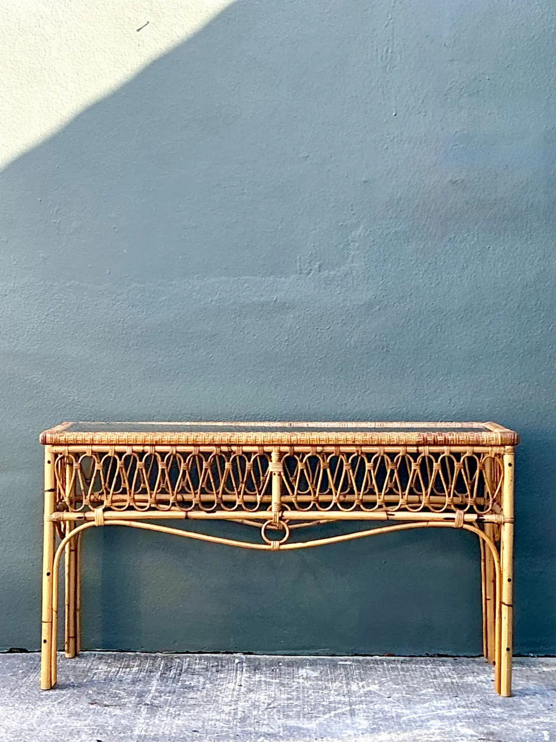 Vintage Italian Loop Rattan Console Table - Detail view