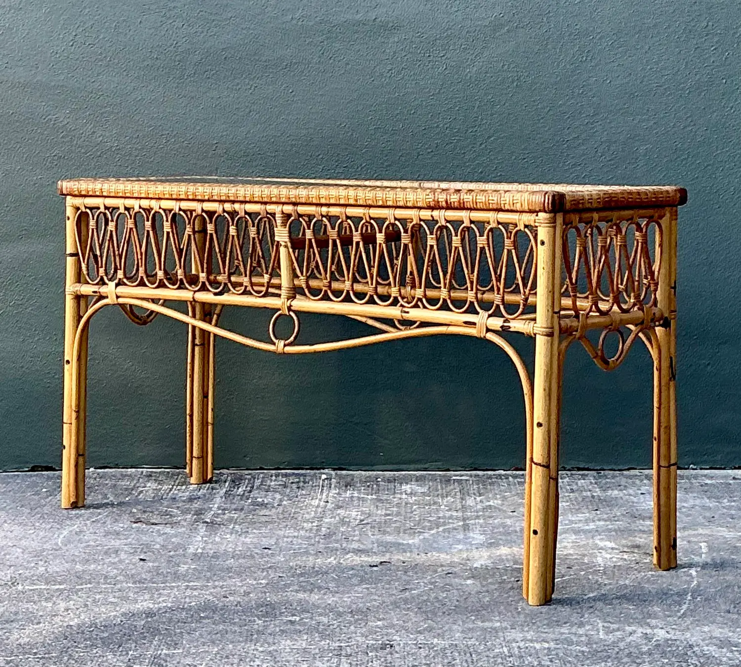 Vintage Italian Loop Rattan Console Table - Side view