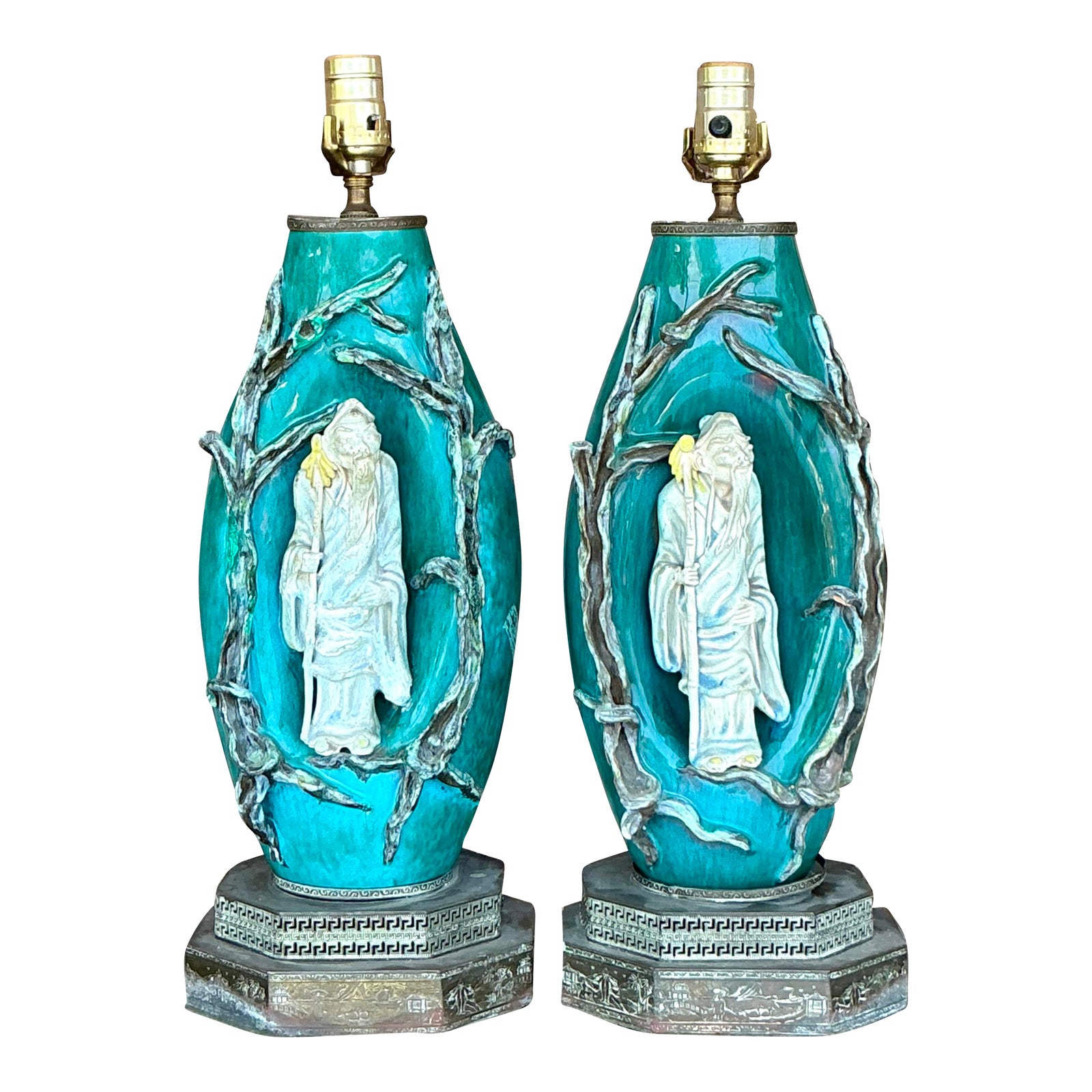 Vintage Italian Marcelo Fantoni Glazed Ceramic Character Lamps - A Pair - Detail view