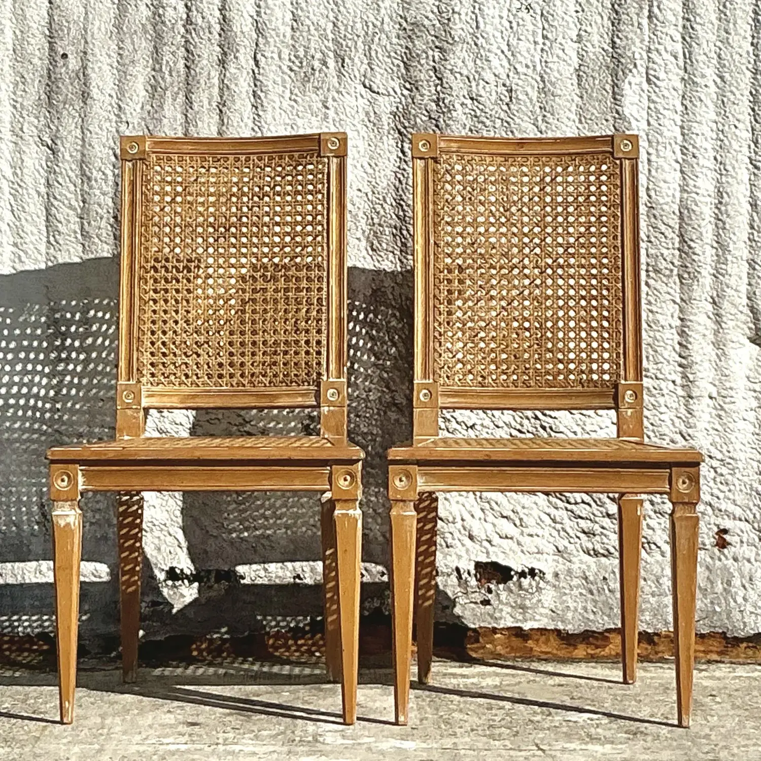Vintage Italian Regency Cane and Wood Side Chairs - a Pair - Side view