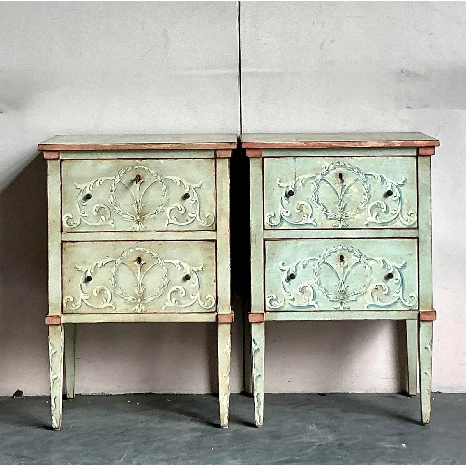 Vintage Italian Regency Hand Painted Nighstands - Set of 2 - Side view