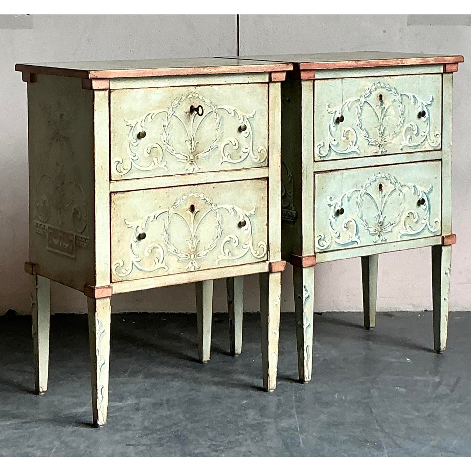 Vintage Italian Regency Hand Painted Nighstands - Set of 2 - Back view