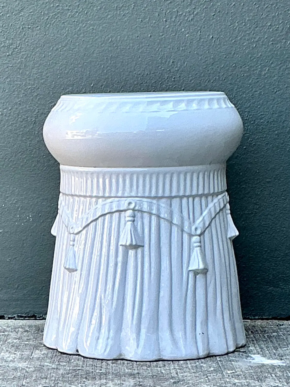 Vintage Italian Rope and Tassel Glazed Ceramic Low Stool - Side view