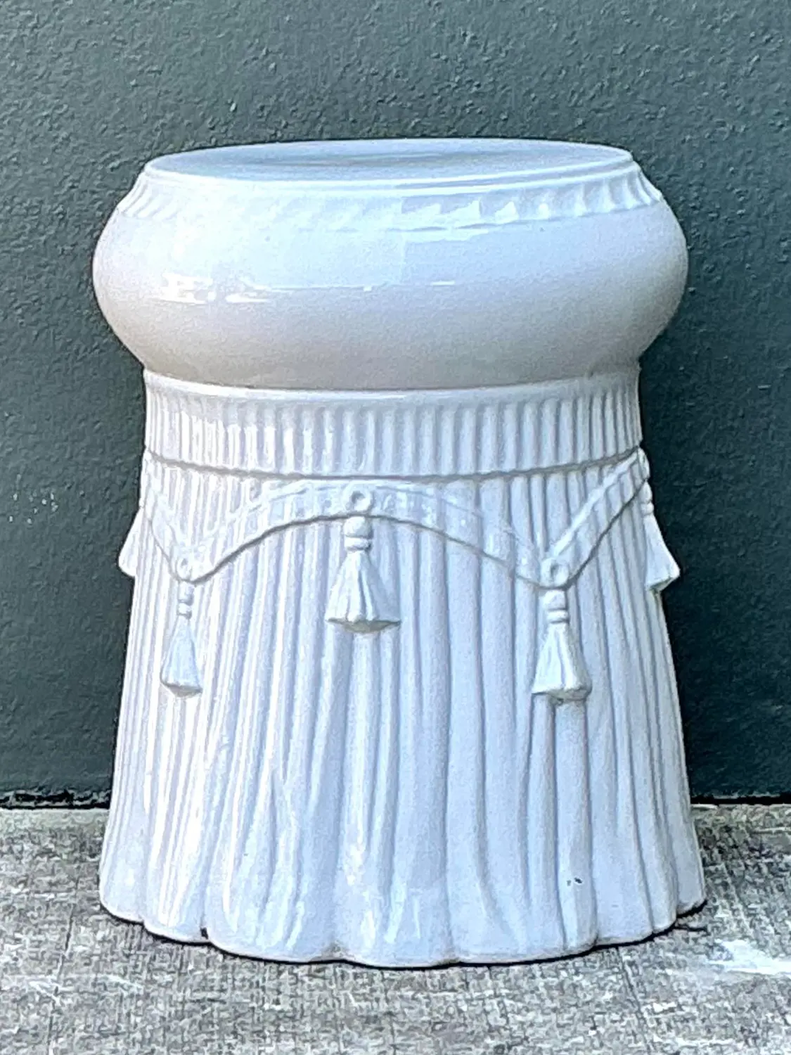 Vintage Italian Rope and Tassel Glazed Ceramic Low Stool - Top view