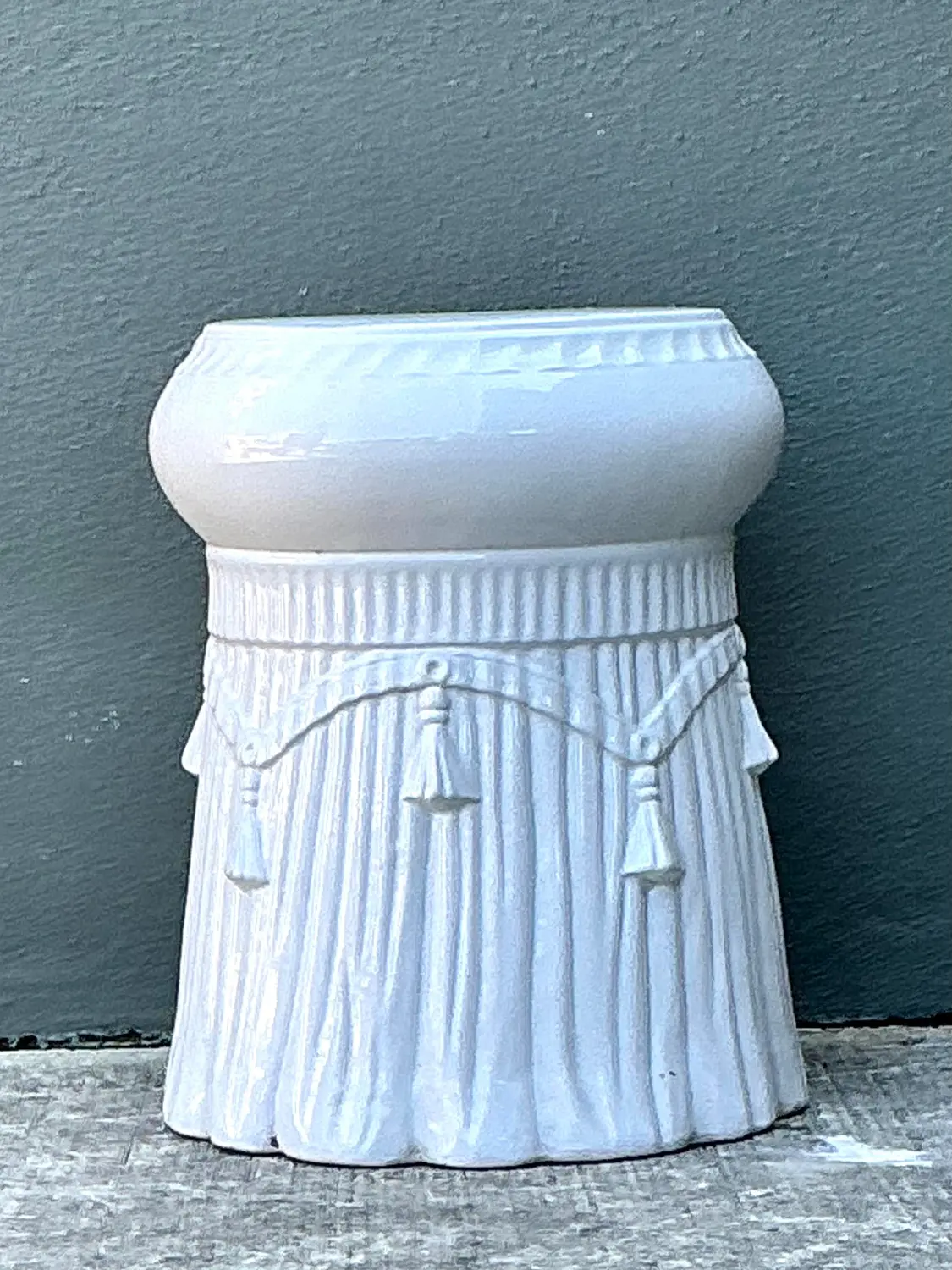 Vintage Italian Rope and Tassel Glazed Ceramic Low Stool - Back view