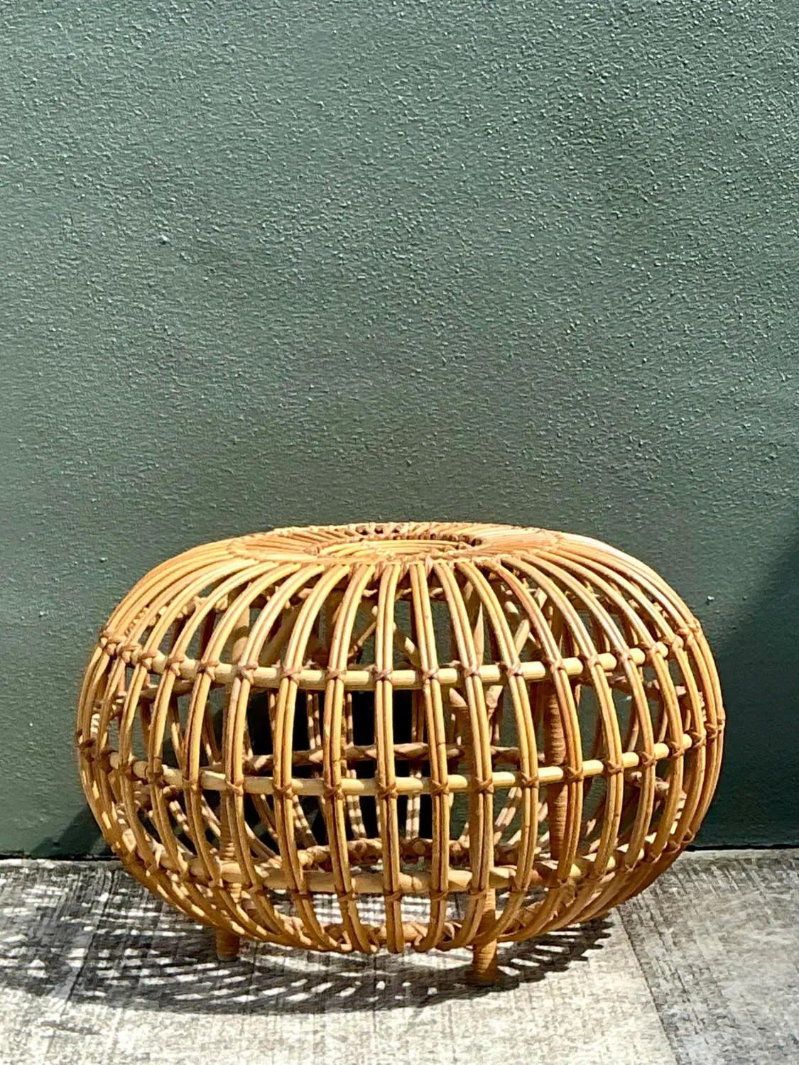 Vintage Italian Stick Rattan Ottoman After Albini - Side view