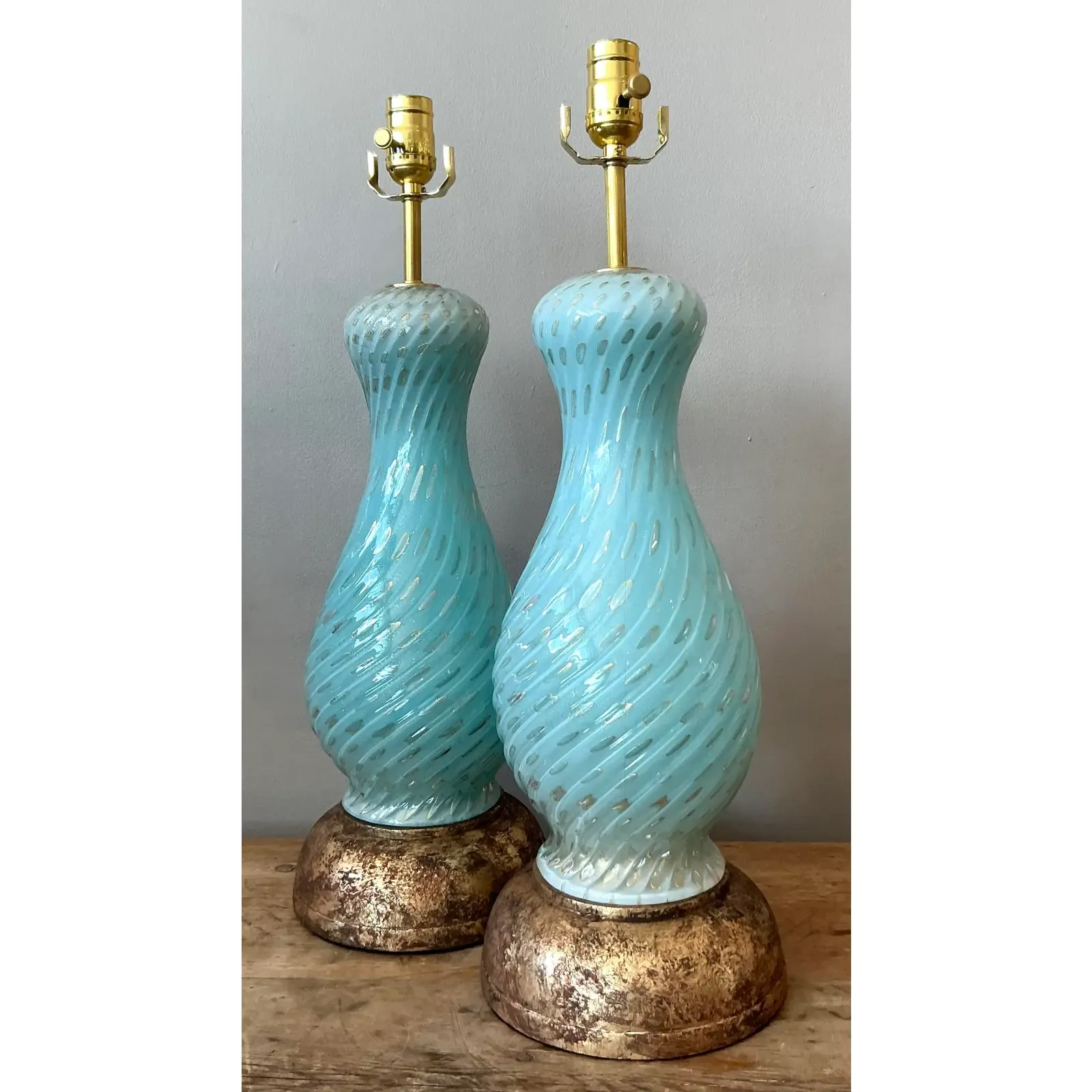 Vintage Italian Swirl Glass Lamps After Murano - A Pair - Top view