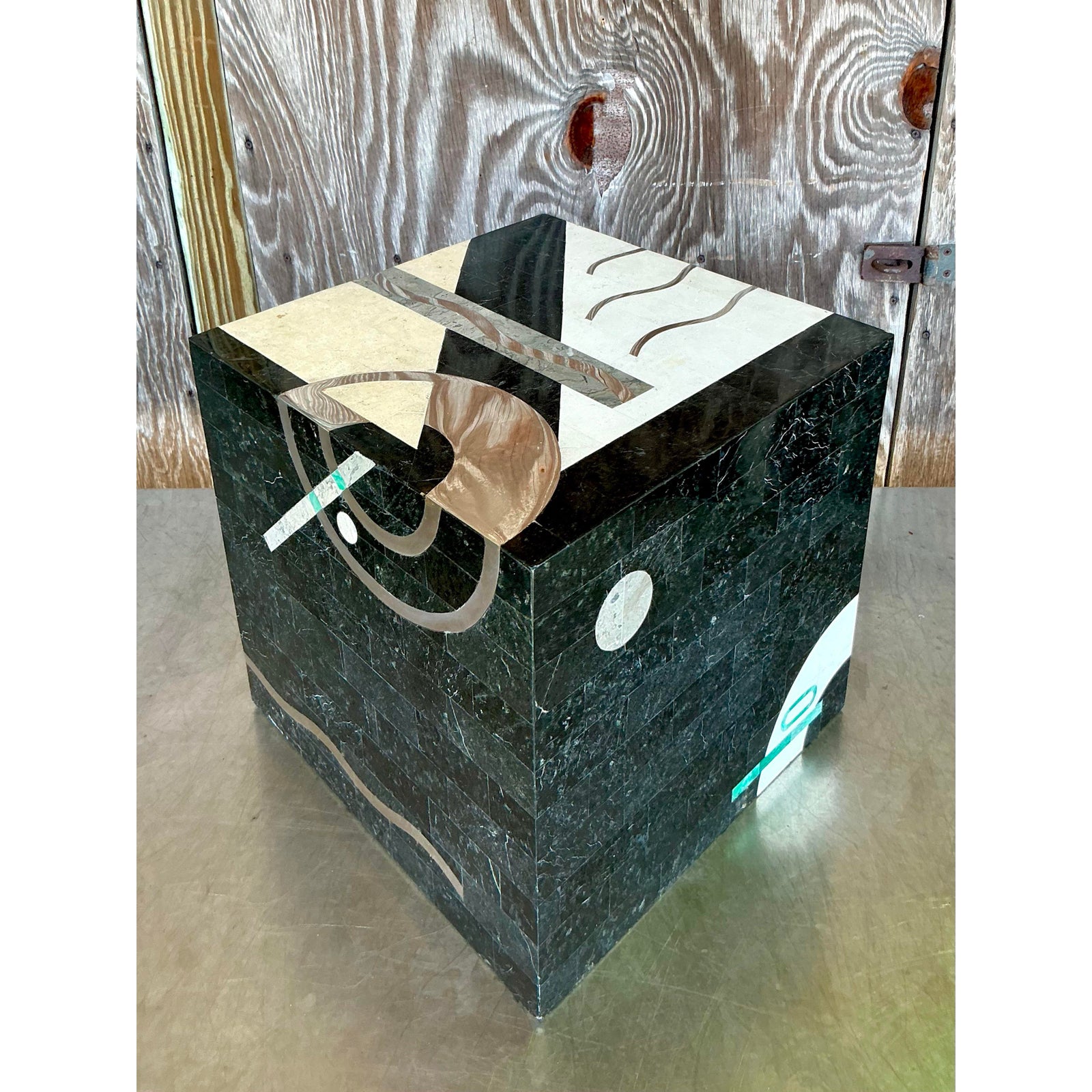 Vintage Italian Tessellated Stone Cube After Oggetti - Side view