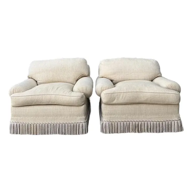 Vintage Jack Phillips Overstuffed Lounge Chairs With Bullion Trim - A Pair