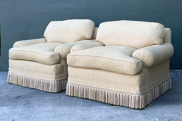 Vintage Jack Phillips Overstuffed Lounge Chairs With Bullion Trim - A Pair - Top view
