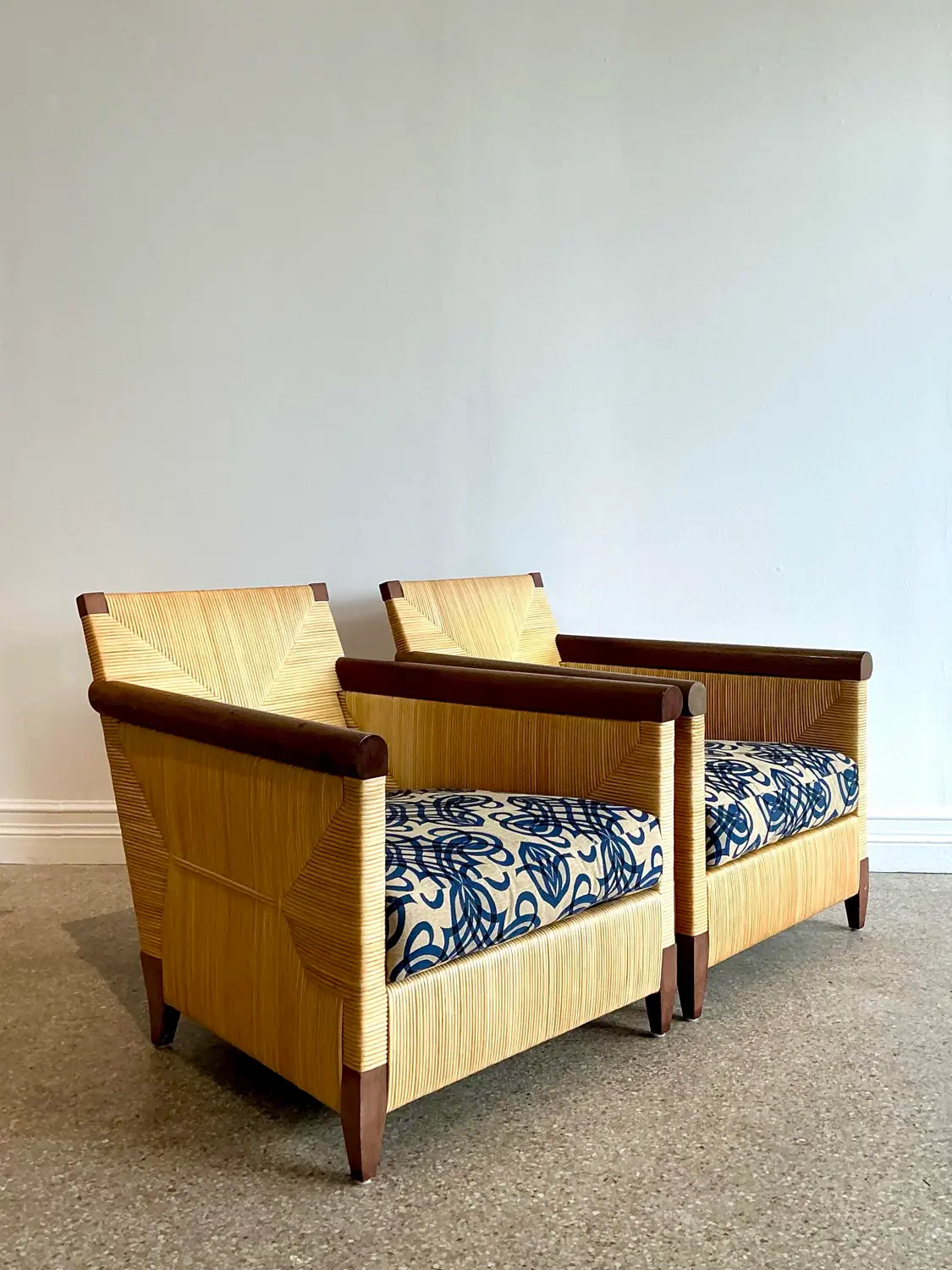 Vintage John Hutton for Donghia “Merbau” Woven Rattan Lounge Chairs - A Pair - Top view