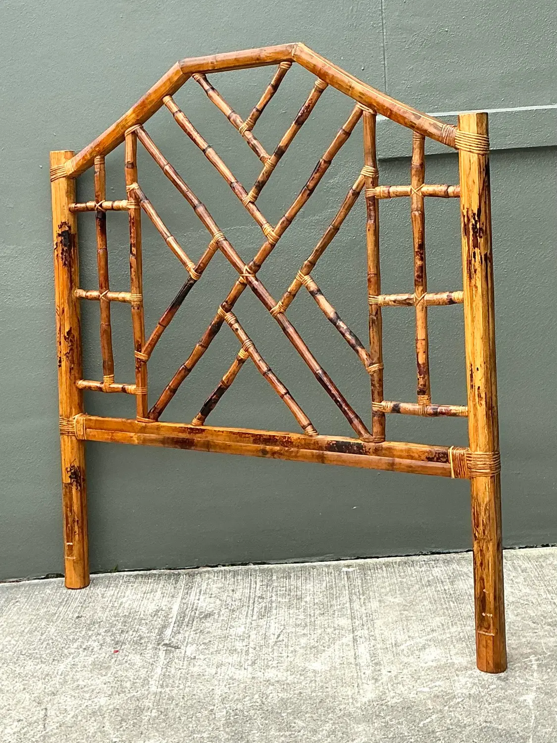 Vintage Kenian Burnt Bamboo a Chinese Chippendale Queen Headboard - Side view