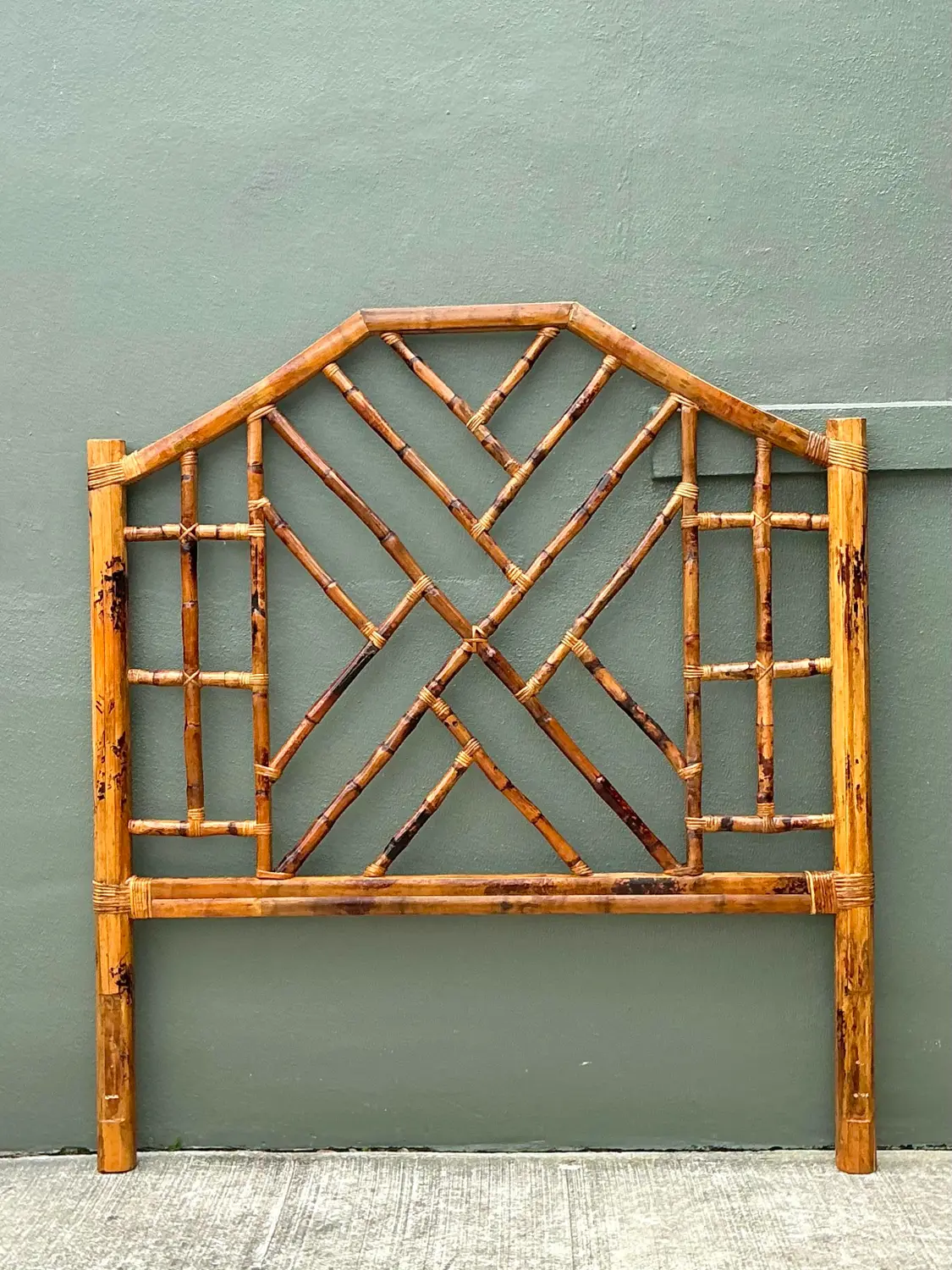 Vintage Kenian Burnt Bamboo a Chinese Chippendale Queen Headboard - Back view