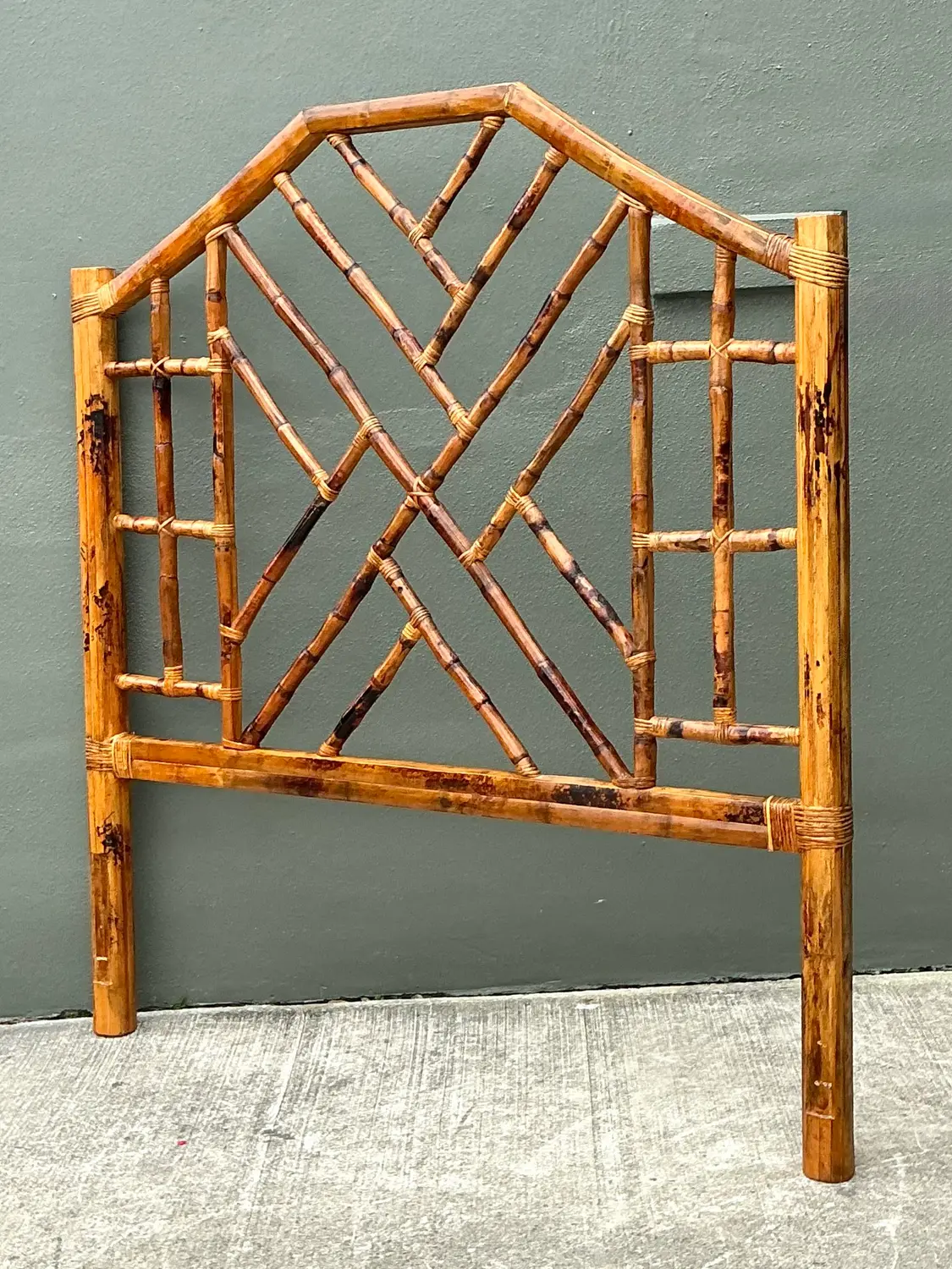 Vintage Kenian Burnt Bamboo a Chinese Chippendale Queen Headboard - Top view